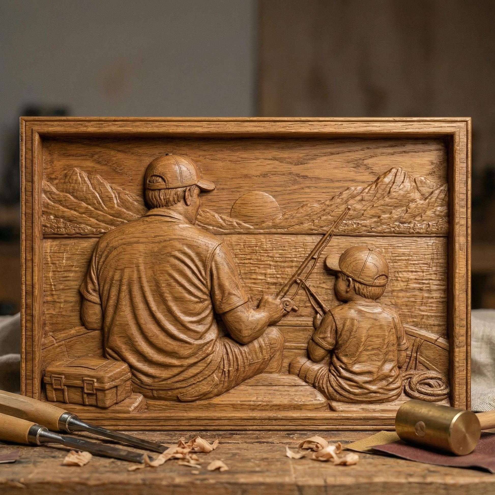 Bas relief carving of a father and young son sitting by a peaceful lake in spring, both wearing caps and smiling as they hold a fishing rod together. The father gently guides the child’s hands while casting toward calm water with a small boat in the distance. Framed square composition with detailed facial features, textured clothing, fresh grass, and serene springtime scenery, symbolizing bonding and outdoor family moments.
