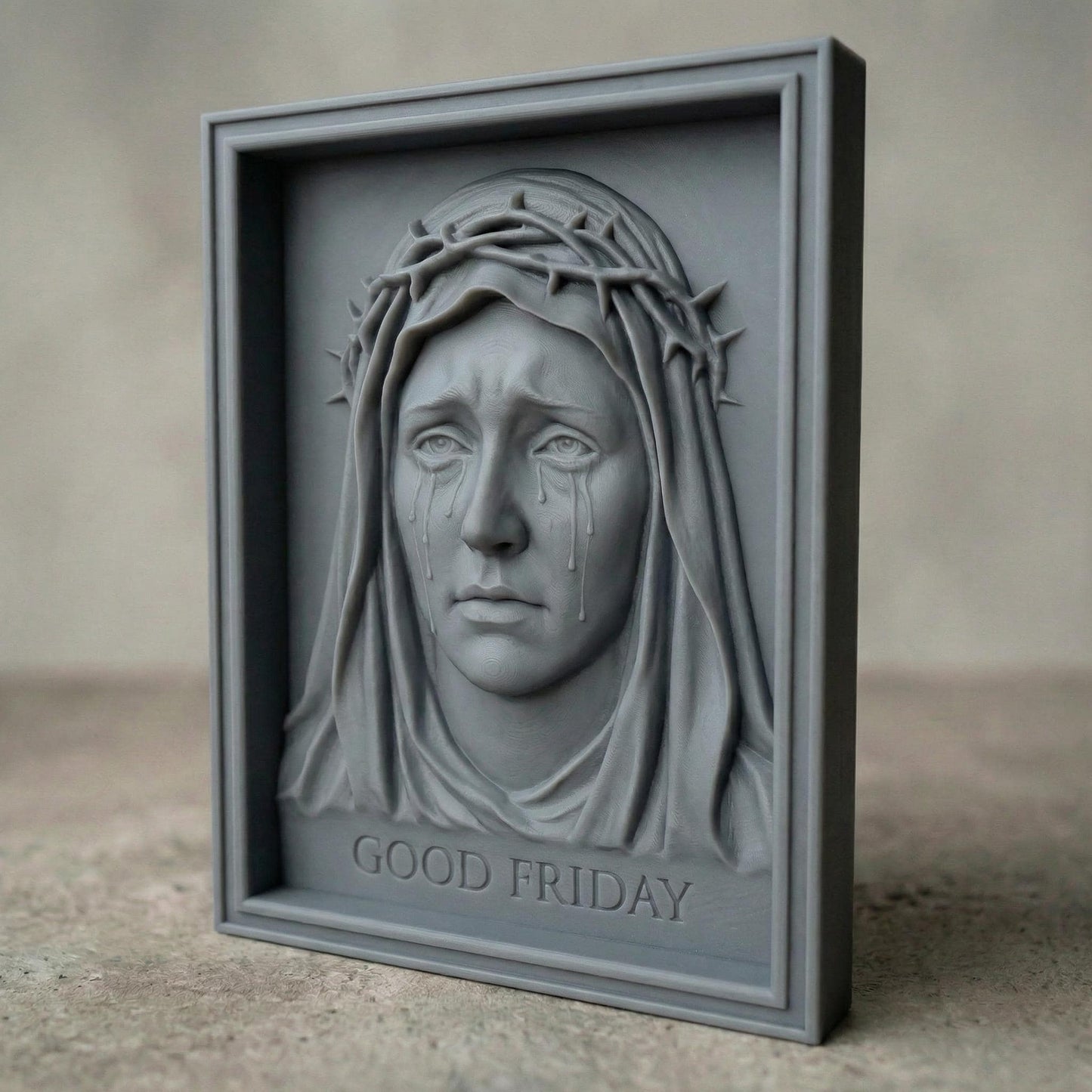 High-relief 3D bas-relief of the Virgin Mary with a sorrowful expression, tears flowing down her face, wearing a crown of thorns and a draped veil. The framed composition includes the inscription “Good Friday” beneath the portrait. Detailed facial features, textured wood grain surface, and deep carving layers create a powerful Christian devotional wall art design for CNC carving and 3D printing.