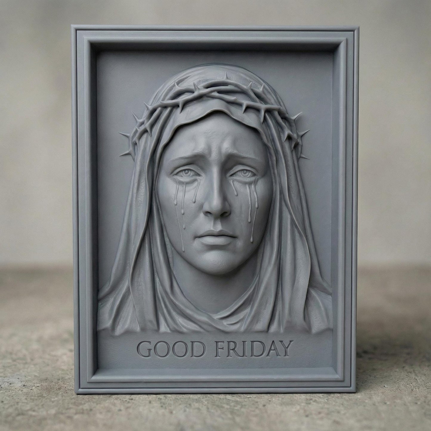High-relief 3D bas-relief of the Virgin Mary with a sorrowful expression, tears flowing down her face, wearing a crown of thorns and a draped veil. The framed composition includes the inscription “Good Friday” beneath the portrait. Detailed facial features, textured wood grain surface, and deep carving layers create a powerful Christian devotional wall art design for CNC carving and 3D printing.