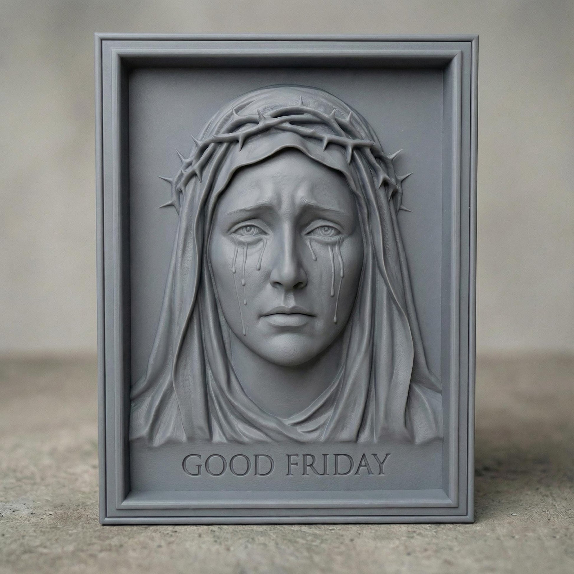 High-relief 3D bas-relief of the Virgin Mary with a sorrowful expression, tears flowing down her face, wearing a crown of thorns and a draped veil. The framed composition includes the inscription “Good Friday” beneath the portrait. Detailed facial features, textured wood grain surface, and deep carving layers create a powerful Christian devotional wall art design for CNC carving and 3D printing.
