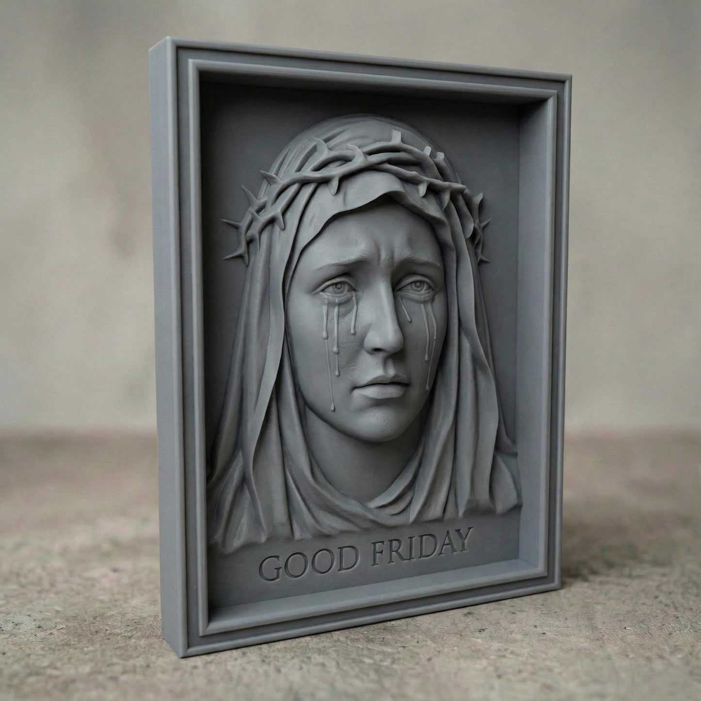 High-relief 3D bas-relief of the Virgin Mary with a sorrowful expression, tears flowing down her face, wearing a crown of thorns and a draped veil. The framed composition includes the inscription “Good Friday” beneath the portrait. Detailed facial features, textured wood grain surface, and deep carving layers create a powerful Christian devotional wall art design for CNC carving and 3D printing.