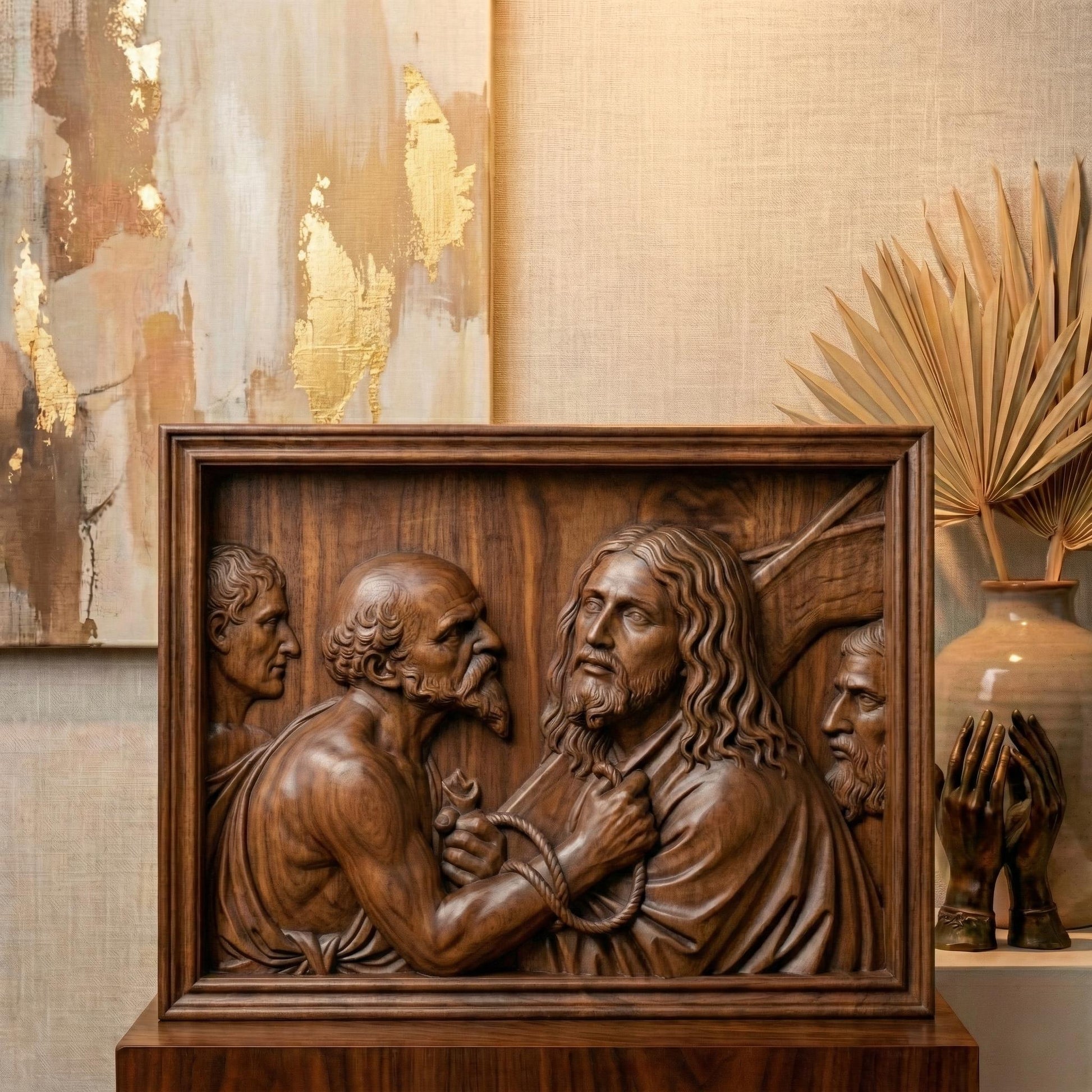 Detailed bas relief sculpture depicting Jesus standing before Pilate, surrounded by Roman figures, with a solemn expression and bound hands symbolizing sacrifice and judgment. The scene features flowing robes, textured hair, and expressive faces carved in high relief within a framed panel. Designed for CNC carving and 3D printing, this Christian Passion artwork evokes Holy Week devotion, faith, and biblical storytelling in elegant classical style.