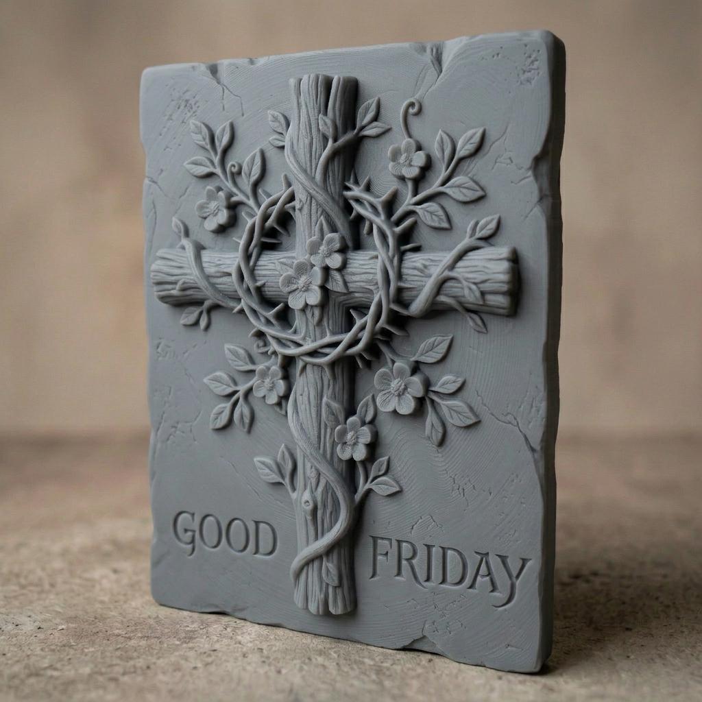 High-relief 3D bas-relief of a wooden Christian cross wrapped with a crown of thorns and intertwined flowering vines. Delicate blossoms and leaves grow around the cross, symbolizing faith and redemption. The rustic framed design includes the inscription “Good Friday” at the base. Deep carving layers, textured wood grain, and ornamental floral details make this powerful religious wall art ideal for CNC carving and 3D printing.