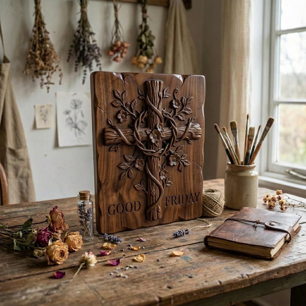 High-relief 3D bas-relief of a wooden Christian cross wrapped with a crown of thorns and intertwined flowering vines. Delicate blossoms and leaves grow around the cross, symbolizing faith and redemption. The rustic framed design includes the inscription “Good Friday” at the base. Deep carving layers, textured wood grain, and ornamental floral details make this powerful religious wall art ideal for CNC carving and 3D printing.
