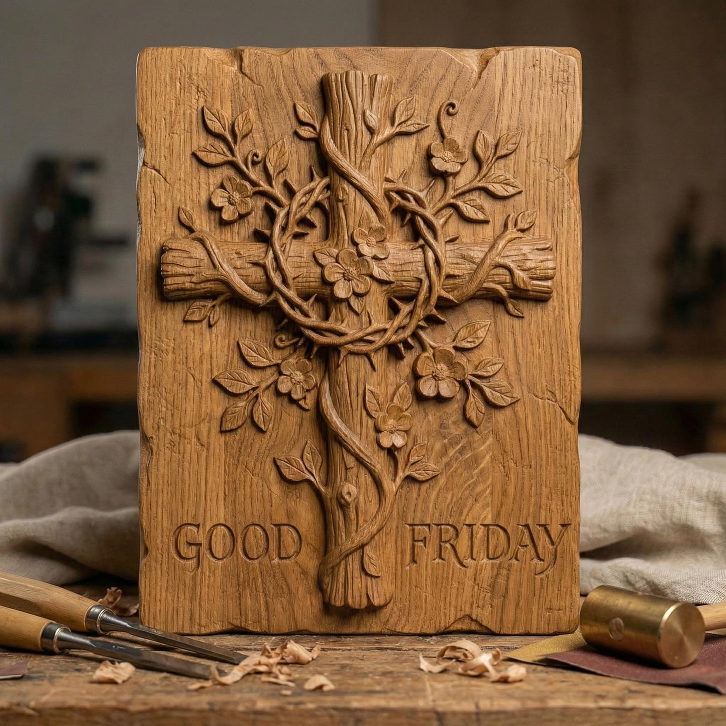 High-relief 3D bas-relief of a wooden Christian cross wrapped with a crown of thorns and intertwined flowering vines. Delicate blossoms and leaves grow around the cross, symbolizing faith and redemption. The rustic framed design includes the inscription “Good Friday” at the base. Deep carving layers, textured wood grain, and ornamental floral details make this powerful religious wall art ideal for CNC carving and 3D printing.