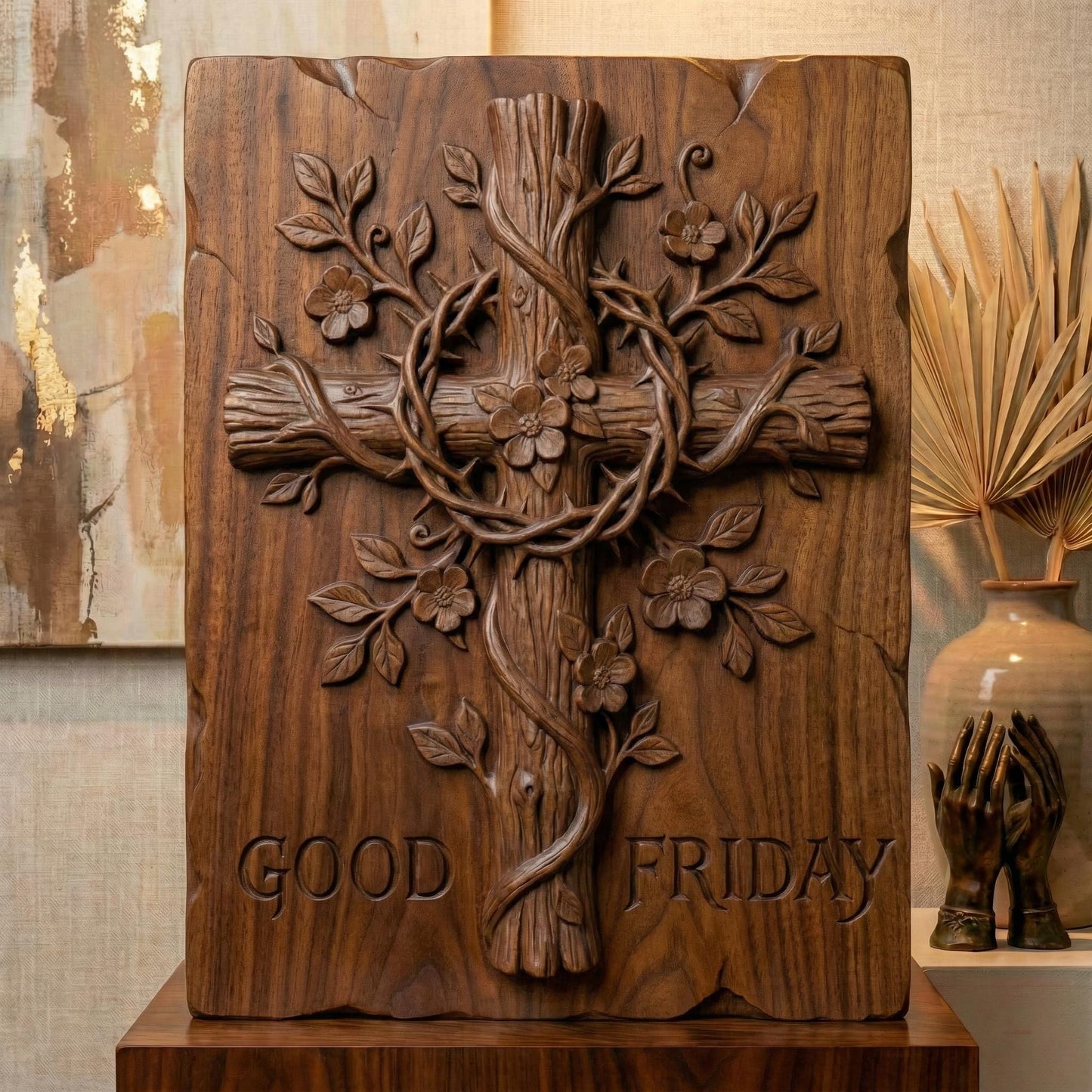High-relief 3D bas-relief of a wooden Christian cross wrapped with a crown of thorns and intertwined flowering vines. Delicate blossoms and leaves grow around the cross, symbolizing faith and redemption. The rustic framed design includes the inscription “Good Friday” at the base. Deep carving layers, textured wood grain, and ornamental floral details make this powerful religious wall art ideal for CNC carving and 3D printing.
