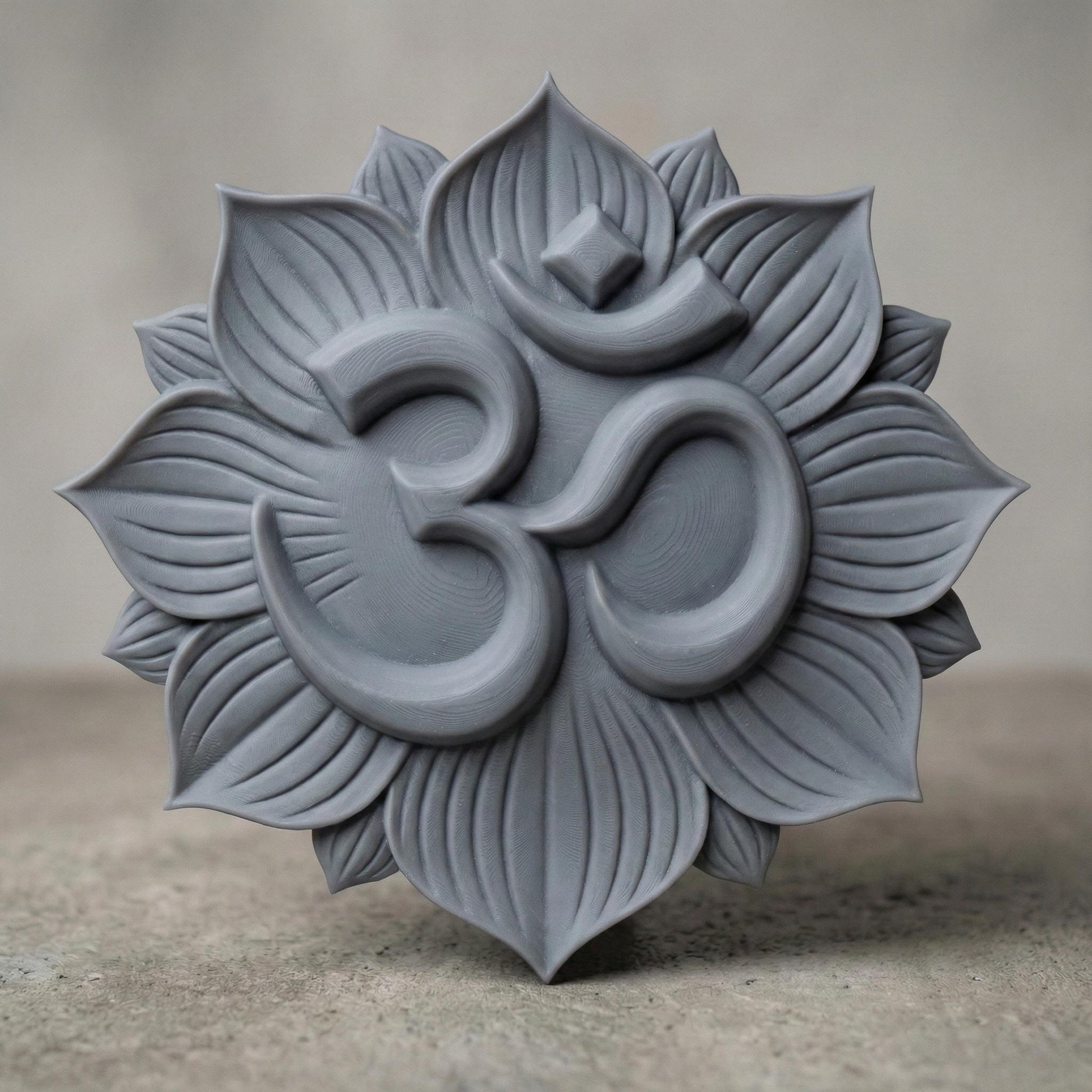 High-relief 3D Om symbol centered within a layered lotus flower mandala, featuring deep carved petals radiating outward in symmetrical harmony. The design shows smooth, flowing curves of the sacred Om sign raised above textured lotus leaves, ideal for CNC carving, bas-relief wall panels, spiritual décor, yoga studio art, and meditation room focal pieces. Intricate petal detailing enhances depth, shadow, and dimensional elegance.