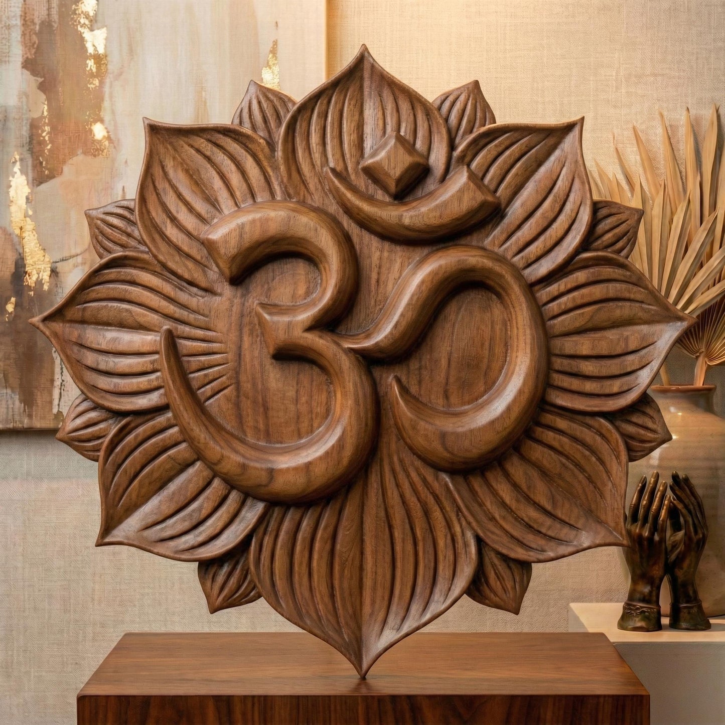 High-relief 3D Om symbol centered within a layered lotus flower mandala, featuring deep carved petals radiating outward in symmetrical harmony. The design shows smooth, flowing curves of the sacred Om sign raised above textured lotus leaves, ideal for CNC carving, bas-relief wall panels, spiritual décor, yoga studio art, and meditation room focal pieces. Intricate petal detailing enhances depth, shadow, and dimensional elegance.