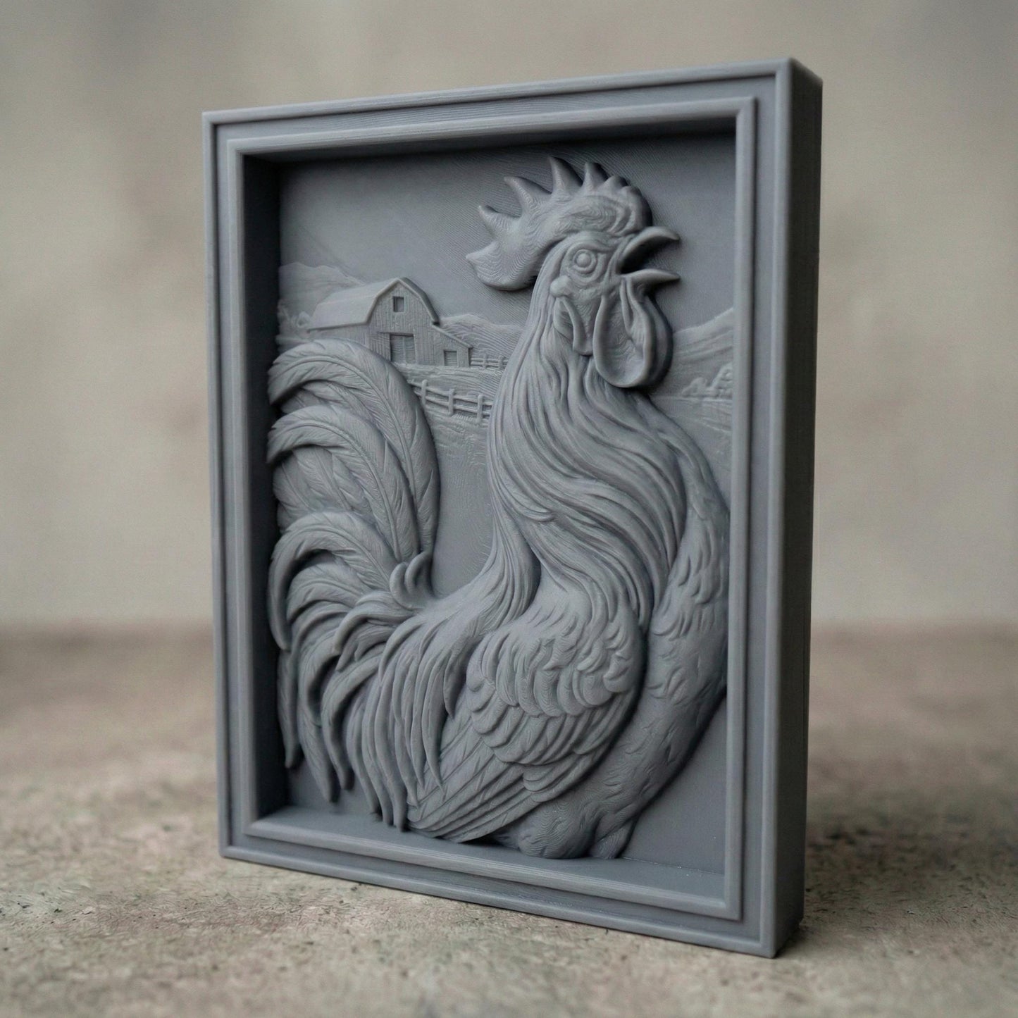 High-detail bas-relief rooster framed in a rectangular panel, featuring flowing layered feathers, raised comb and wattle, and a proud crowing pose. Background includes a rustic barn, fence, and countryside landscape carved in soft depth. The composition creates strong shadow contrast and dimensional texture, ideal for CNC carving, farmhouse décor, kitchen wall art, and country-style wood relief panels.
