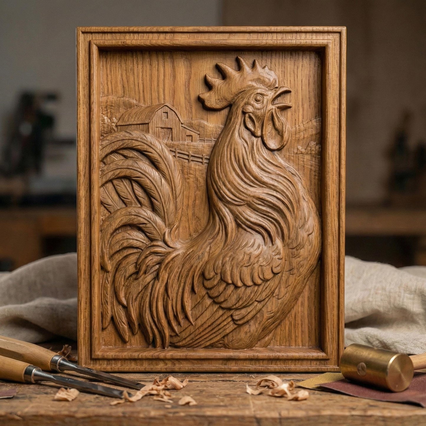 High-detail bas-relief rooster framed in a rectangular panel, featuring flowing layered feathers, raised comb and wattle, and a proud crowing pose. Background includes a rustic barn, fence, and countryside landscape carved in soft depth. The composition creates strong shadow contrast and dimensional texture, ideal for CNC carving, farmhouse décor, kitchen wall art, and country-style wood relief panels.