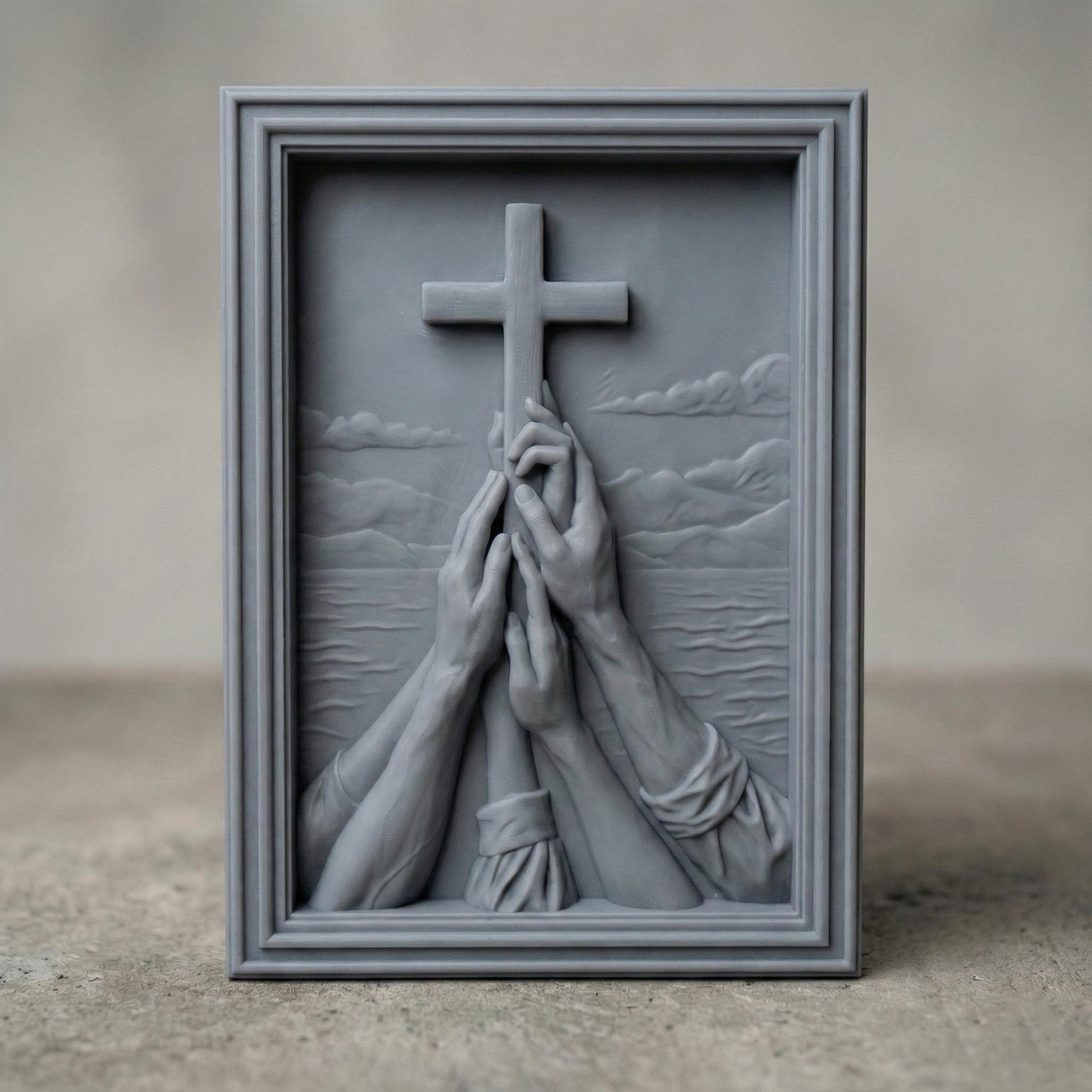 Detailed wooden bas-relief carving of multiple hands reaching upward in prayer toward a large Christian cross, set against a serene landscape with mountains and clouds. The composition symbolizes faith, unity, hope, and devotion. Deeply sculpted textures highlight realistic anatomy, flowing sleeves, and layered depth, framed in a classic rectangular border, ideal for spiritual wall décor and sacred space decoration.