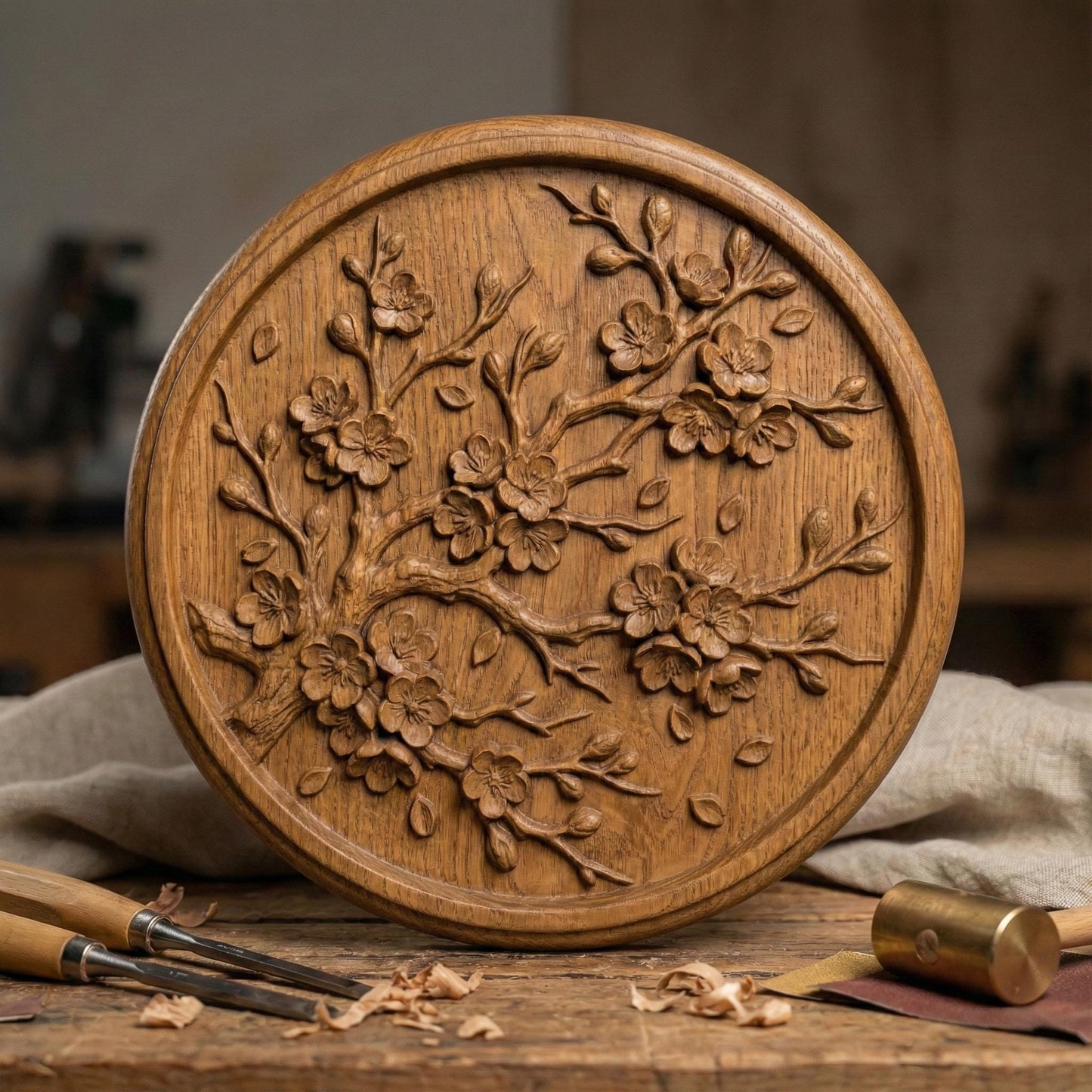 Circular bas-relief panel featuring an elegant cherry blossom branch in full bloom, with layered petals, delicate buds, and gently scattered leaves. The flowing branch curves organically across a textured woodgrain background, framed by a smooth round border. Deep carving creates soft shadows and dimensional detail, ideal for CNC carving, 3D printing, spring décor, and botanical wall art projects.