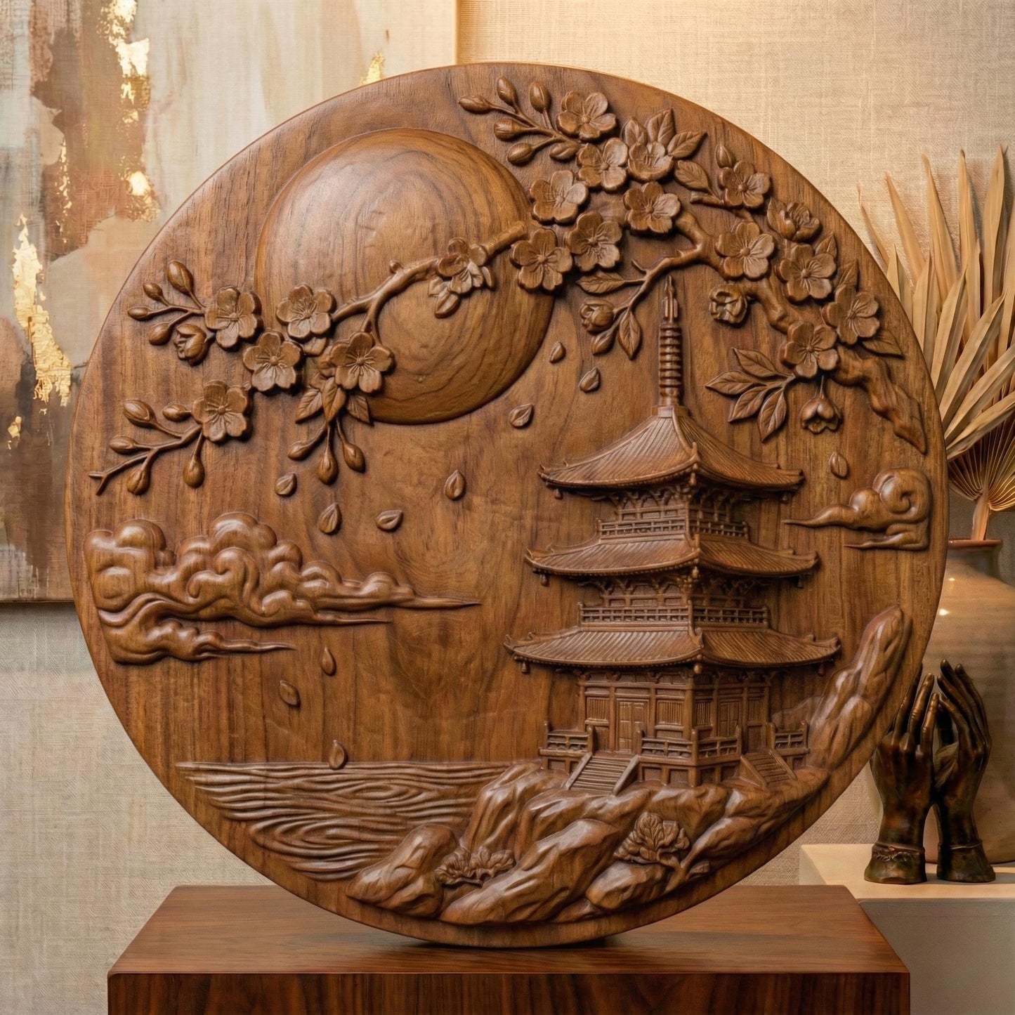 Round bas-relief panel depicting a traditional Japanese pagoda beside calm water under a large full moon. Flowing cherry blossom branches arch across the top with layered petals and falling blossoms. Soft carved clouds and textured landscape details create depth and serenity. The circular composition evokes balance and harmony, perfect for CNC carving, 3D printing, Zen décor, and Asian-inspired wall art.