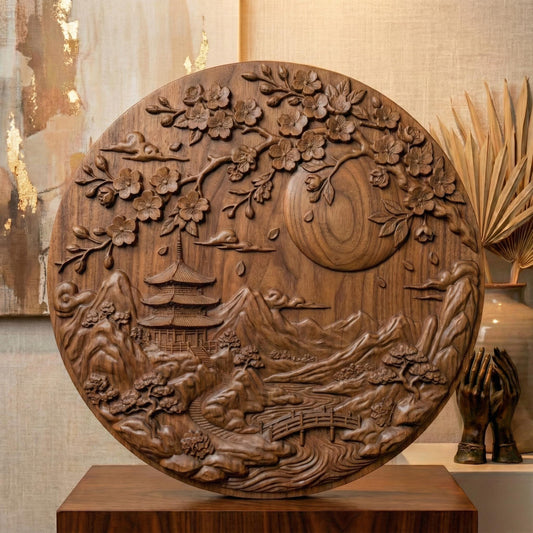 Intricate round bas-relief featuring a serene Japanese landscape with tiered pagoda temple, flowing river, arched wooden bridge, layered mountain peaks, and drifting clouds beneath a large full moon. Cherry blossom branches frame the top with detailed petals and falling leaves. Deep carving and textured contours create dimensional shadows, ideal for CNC carving, 3D printing, and tranquil Zen-inspired wall décor.