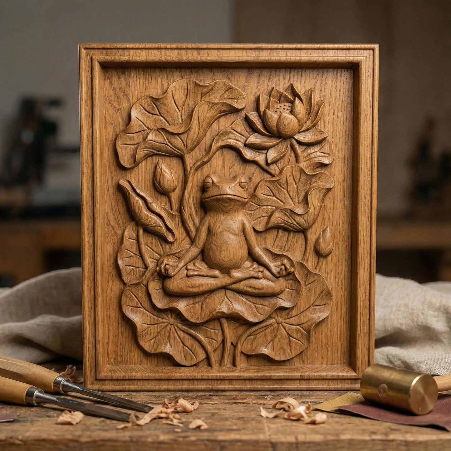 High-relief bas-relief panel featuring a peaceful frog seated in meditation pose atop layered lotus leaves, surrounded by blooming lotus flower and curved botanical stems. The composition symbolizes spring renewal, balance, and harmony in nature. Deep carved contours and textured foliage create strong dimensional shadows, ideal for CNC carving, 3D printing, and tranquil Zen-inspired seasonal wall décor.