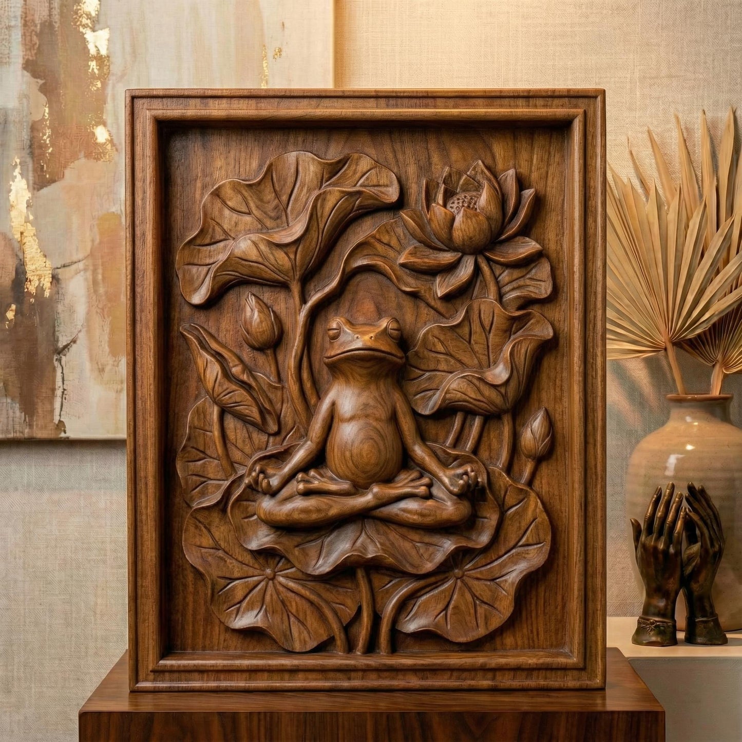 High-relief bas-relief panel featuring a peaceful frog seated in meditation pose atop layered lotus leaves, surrounded by blooming lotus flower and curved botanical stems. The composition symbolizes spring renewal, balance, and harmony in nature. Deep carved contours and textured foliage create strong dimensional shadows, ideal for CNC carving, 3D printing, and tranquil Zen-inspired seasonal wall décor.