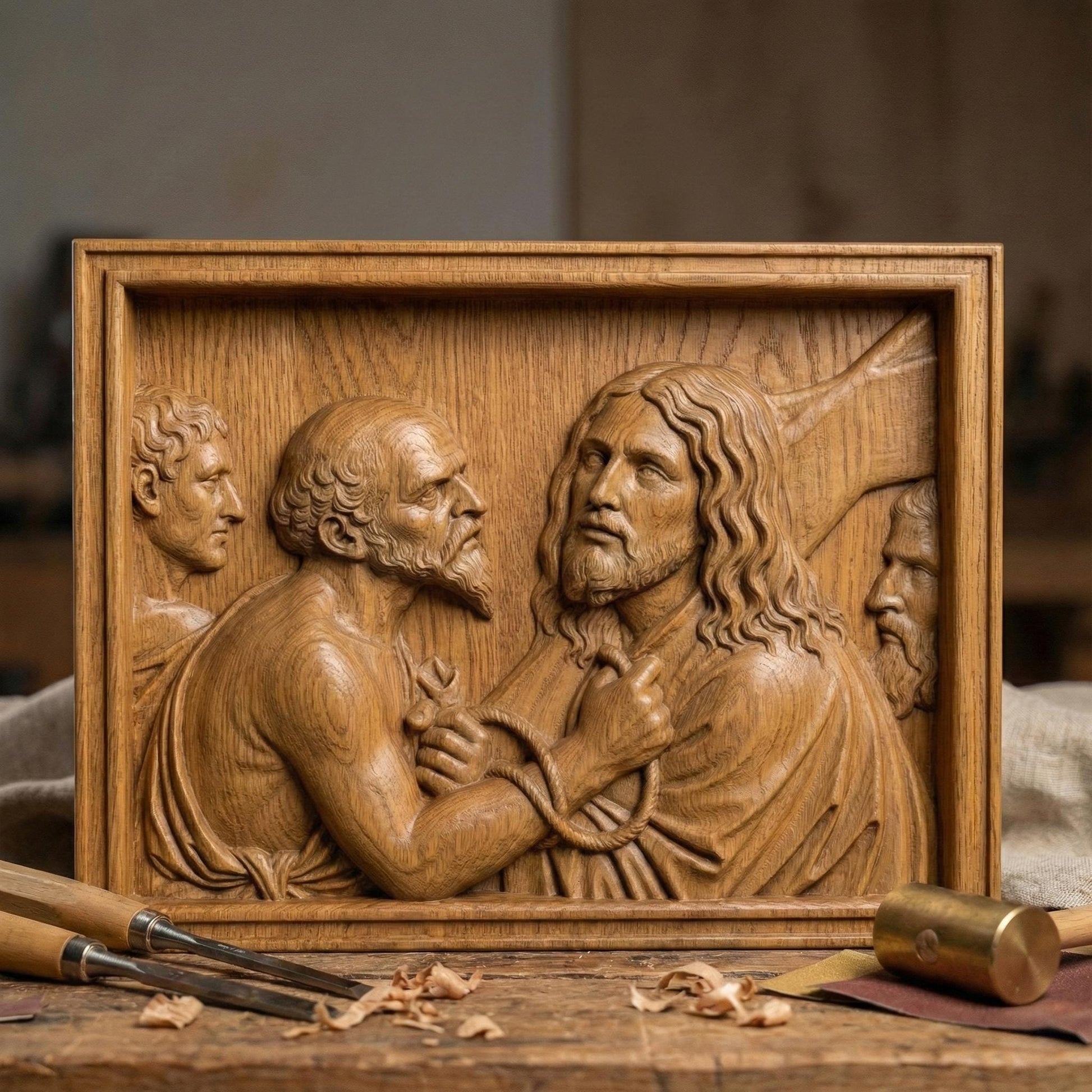 Detailed bas relief sculpture depicting Jesus standing before Pilate, surrounded by Roman figures, with a solemn expression and bound hands symbolizing sacrifice and judgment. The scene features flowing robes, textured hair, and expressive faces carved in high relief within a framed panel. Designed for CNC carving and 3D printing, this Christian Passion artwork evokes Holy Week devotion, faith, and biblical storytelling in elegant classical style.