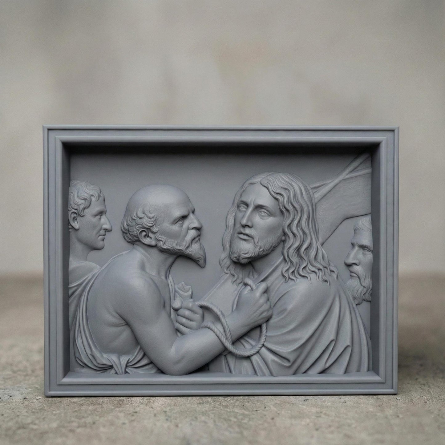 Detailed bas relief sculpture depicting Jesus standing before Pilate, surrounded by Roman figures, with a solemn expression and bound hands symbolizing sacrifice and judgment. The scene features flowing robes, textured hair, and expressive faces carved in high relief within a framed panel. Designed for CNC carving and 3D printing, this Christian Passion artwork evokes Holy Week devotion, faith, and biblical storytelling in elegant classical style.