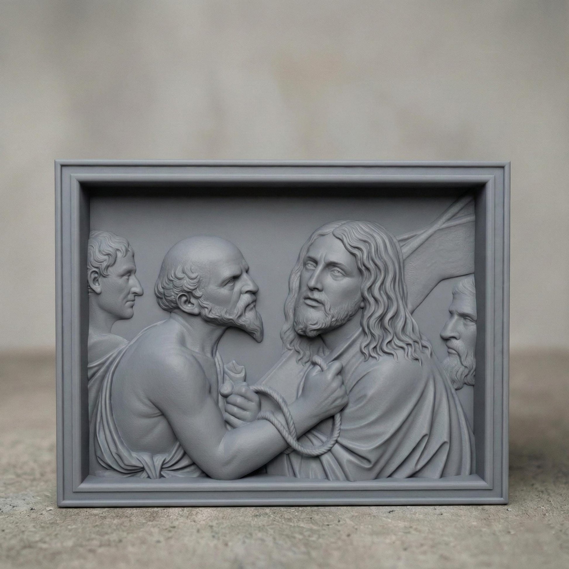 Detailed bas relief sculpture depicting Jesus standing before Pilate, surrounded by Roman figures, with a solemn expression and bound hands symbolizing sacrifice and judgment. The scene features flowing robes, textured hair, and expressive faces carved in high relief within a framed panel. Designed for CNC carving and 3D printing, this Christian Passion artwork evokes Holy Week devotion, faith, and biblical storytelling in elegant classical style.