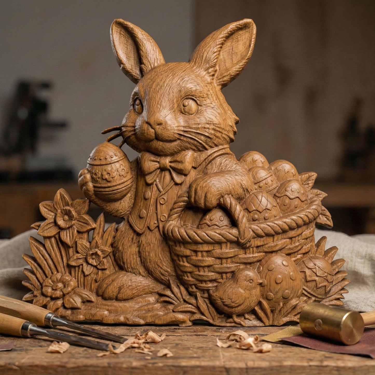 Rustic bas-relief carving of a cute Easter bunny holding a large egg, surrounded by simple wildflowers and grass. The design features a natural live-edge wood style background with organic texture and soft carved details. The bunny has rounded features and a gentle expression, making it perfect for spring and Easter wall decor designed for CNC carving or 3D printing.
