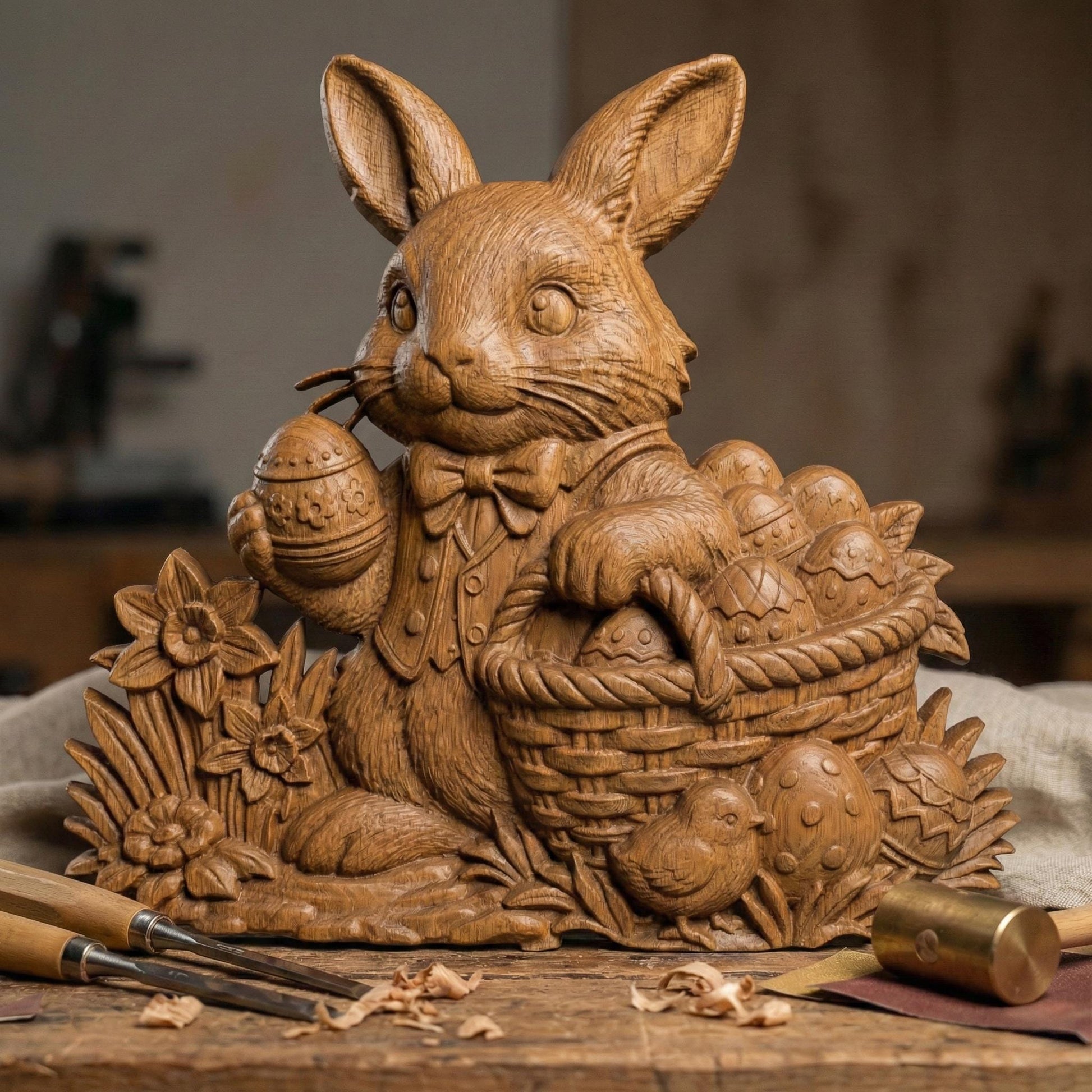 Rustic bas-relief carving of a cute Easter bunny holding a large egg, surrounded by simple wildflowers and grass. The design features a natural live-edge wood style background with organic texture and soft carved details. The bunny has rounded features and a gentle expression, making it perfect for spring and Easter wall decor designed for CNC carving or 3D printing.