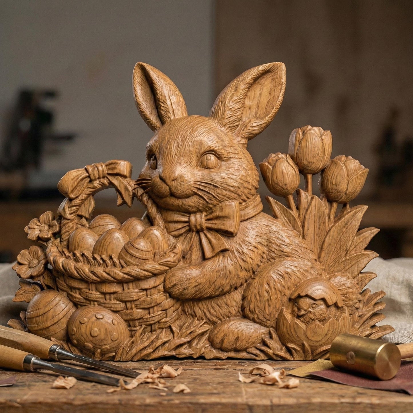 High-detail 3D relief featuring a charming Easter bunny wearing a bow tie, holding a woven basket filled with decorated eggs. Surrounded by blooming spring flowers and tulips, with a cracked egg and chick detail at the base. The layered textures of fur, wicker basket, and floral elements create strong depth and shadow, ideal for CNC carving, 3D printing, Easter décor, and seasonal spring wall art.