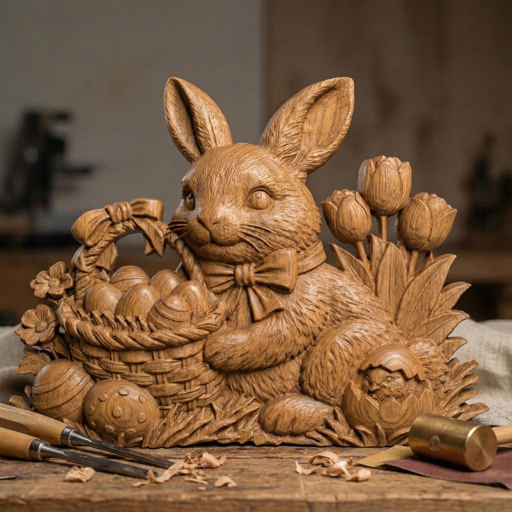 High-detail 3D relief featuring a charming Easter bunny wearing a bow tie, holding a woven basket filled with decorated eggs. Surrounded by blooming spring flowers and tulips, with a cracked egg and chick detail at the base. The layered textures of fur, wicker basket, and floral elements create strong depth and shadow, ideal for CNC carving, 3D printing, Easter décor, and seasonal spring wall art.