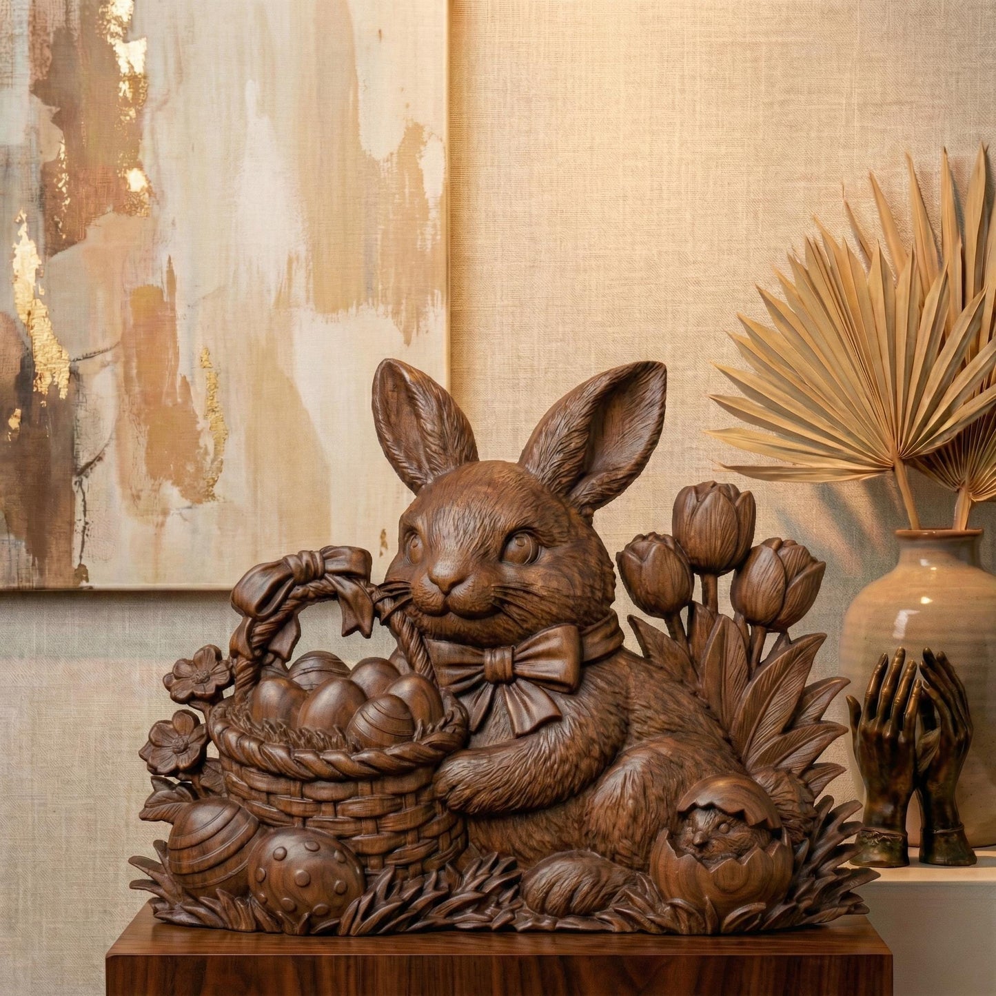 High-detail 3D relief featuring a charming Easter bunny wearing a bow tie, holding a woven basket filled with decorated eggs. Surrounded by blooming spring flowers and tulips, with a cracked egg and chick detail at the base. The layered textures of fur, wicker basket, and floral elements create strong depth and shadow, ideal for CNC carving, 3D printing, Easter décor, and seasonal spring wall art.