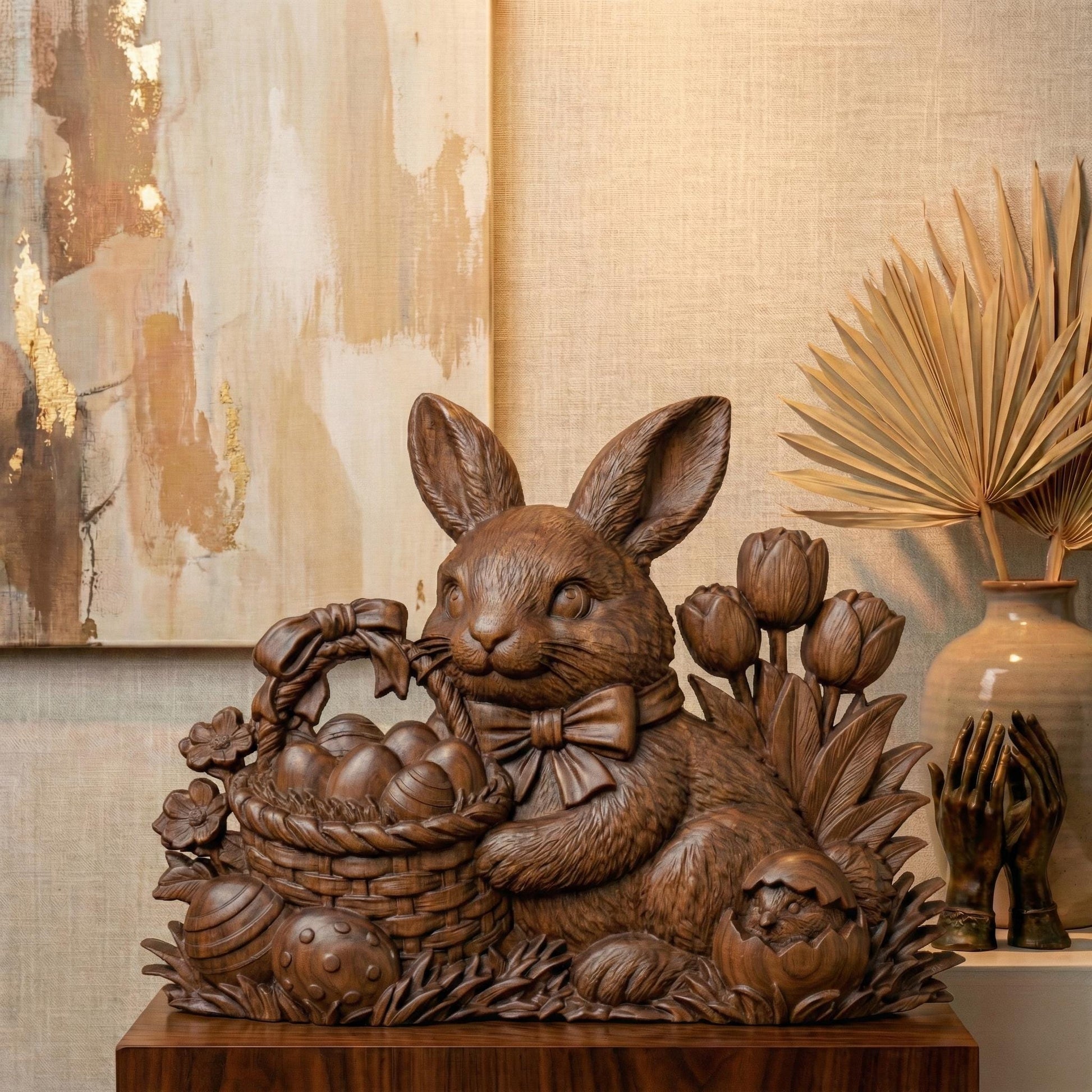 High-detail 3D relief featuring a charming Easter bunny wearing a bow tie, holding a woven basket filled with decorated eggs. Surrounded by blooming spring flowers and tulips, with a cracked egg and chick detail at the base. The layered textures of fur, wicker basket, and floral elements create strong depth and shadow, ideal for CNC carving, 3D printing, Easter décor, and seasonal spring wall art.