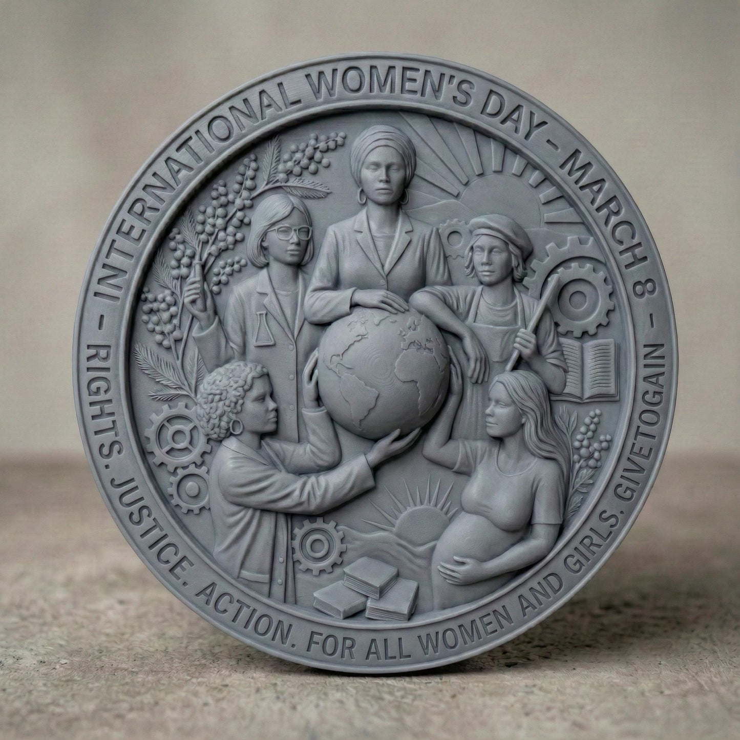 Round high-relief panel honoring International Women’s Day, featuring diverse women united around a globe symbolizing equality and global empowerment. Surrounding elements include gears, books, rising sun, plants, and industrial tools representing education, justice, action, and progress. The circular border includes March 8 inscription. Deep carved textures and layered symbolism make it ideal for CNC carving and meaningful commemorative wall art.