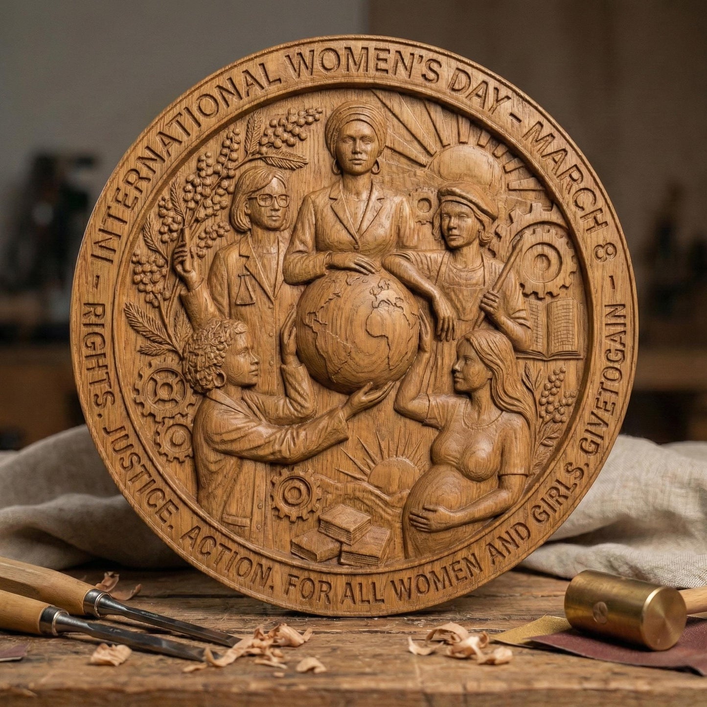 Round high-relief panel honoring International Women’s Day, featuring diverse women united around a globe symbolizing equality and global empowerment. Surrounding elements include gears, books, rising sun, plants, and industrial tools representing education, justice, action, and progress. The circular border includes March 8 inscription. Deep carved textures and layered symbolism make it ideal for CNC carving and meaningful commemorative wall art.