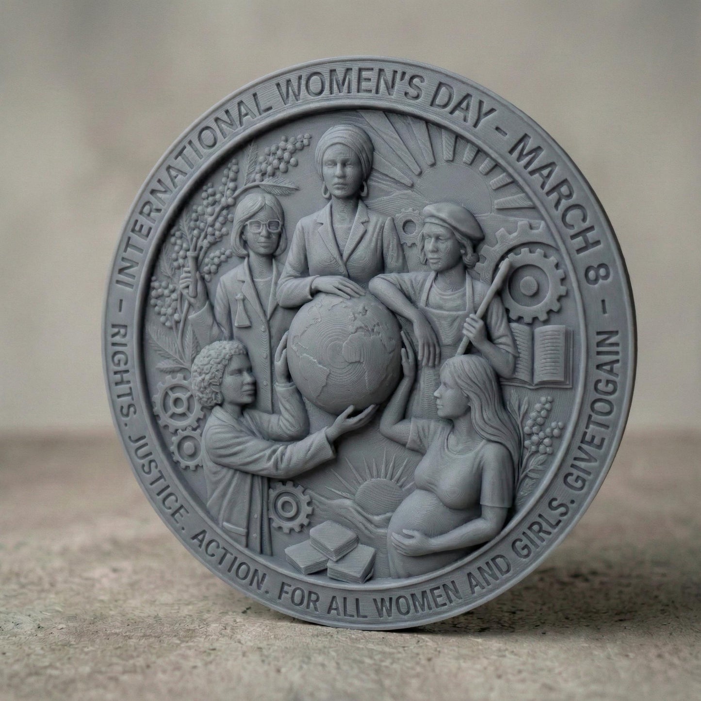 Round high-relief panel honoring International Women’s Day, featuring diverse women united around a globe symbolizing equality and global empowerment. Surrounding elements include gears, books, rising sun, plants, and industrial tools representing education, justice, action, and progress. The circular border includes March 8 inscription. Deep carved textures and layered symbolism make it ideal for CNC carving and meaningful commemorative wall art.