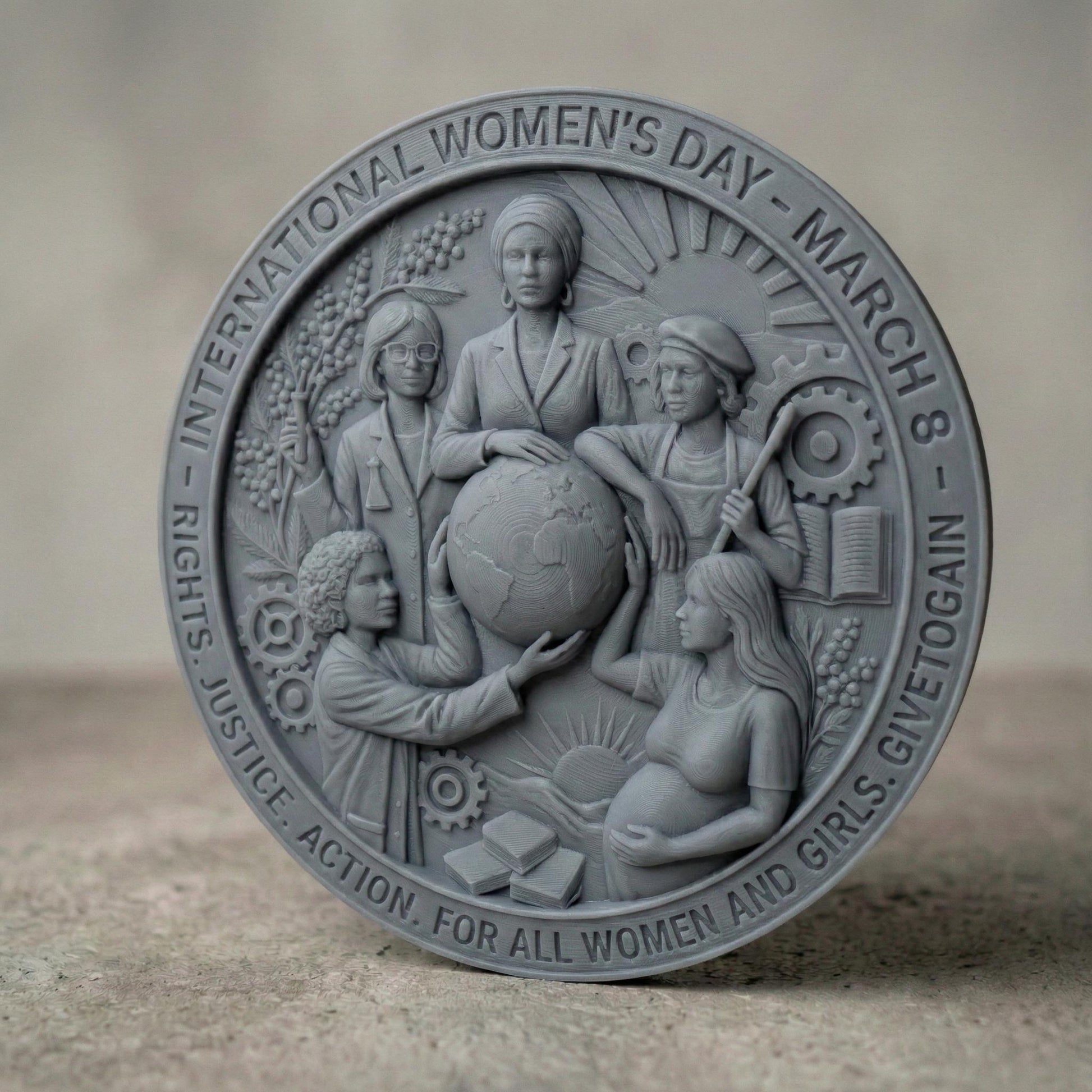 Round high-relief panel honoring International Women’s Day, featuring diverse women united around a globe symbolizing equality and global empowerment. Surrounding elements include gears, books, rising sun, plants, and industrial tools representing education, justice, action, and progress. The circular border includes March 8 inscription. Deep carved textures and layered symbolism make it ideal for CNC carving and meaningful commemorative wall art.
