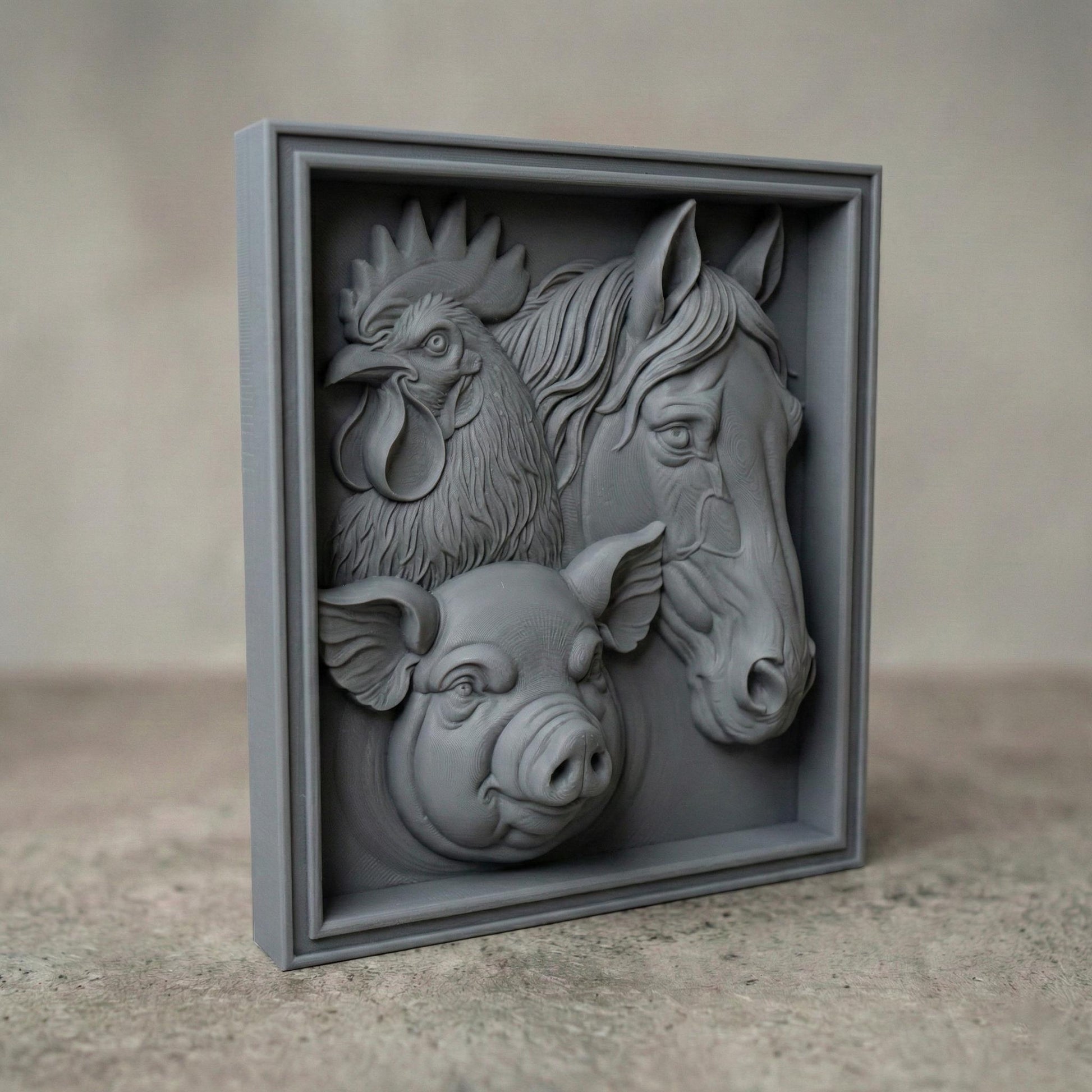 Intricately carved wooden bas-relief featuring a rooster, horse, and pig arranged in a square framed panel. The rooster’s detailed comb and layered feathers symbolize renewal, while the horse’s flowing mane and gentle gaze add elegance. The pig’s rounded form brings warmth and abundance. This spring-inspired farmhouse composition evokes rural life, seasonal rebirth, and country charm, ideal for CNC carving and 3D printing.