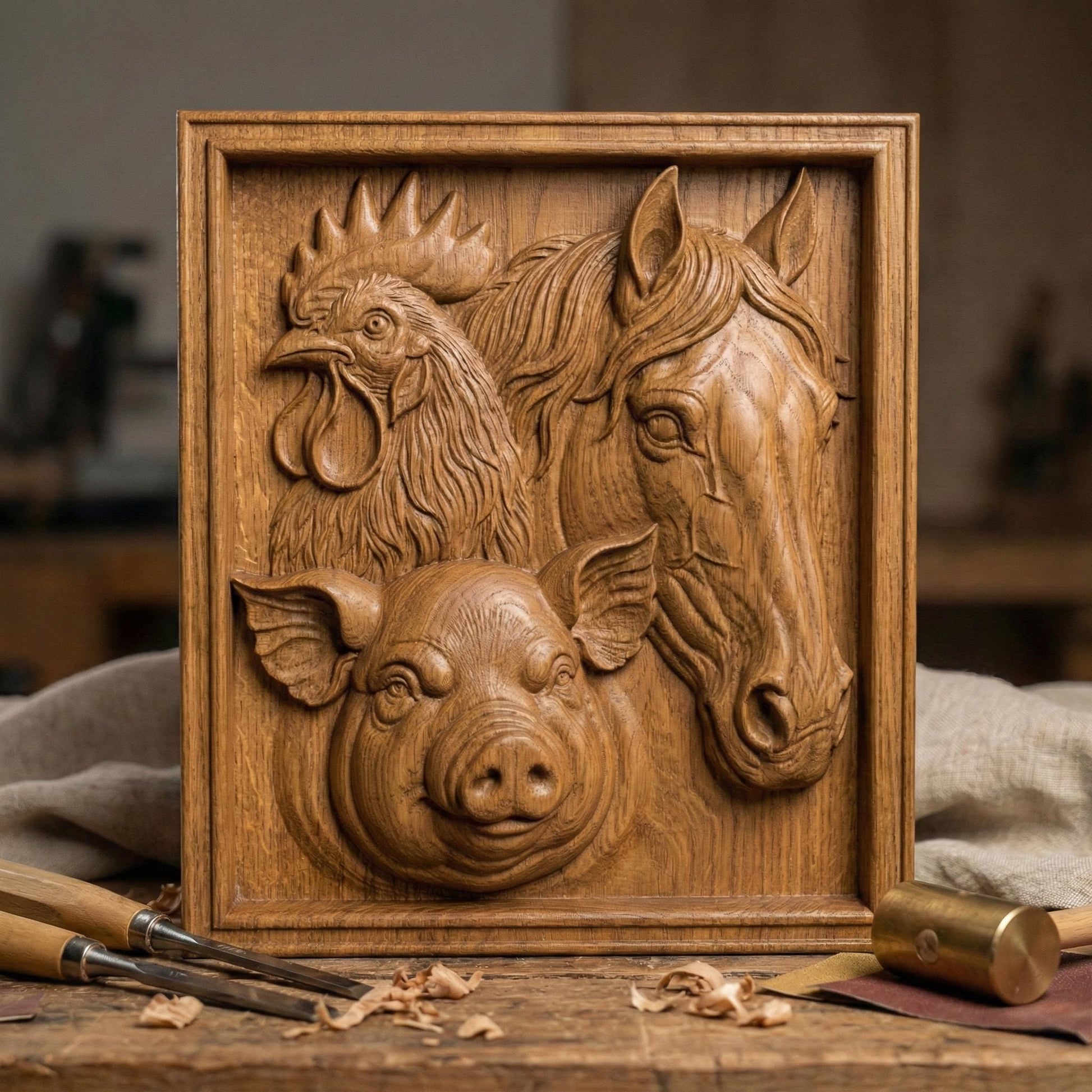Intricately carved wooden bas-relief featuring a rooster, horse, and pig arranged in a square framed panel. The rooster’s detailed comb and layered feathers symbolize renewal, while the horse’s flowing mane and gentle gaze add elegance. The pig’s rounded form brings warmth and abundance. This spring-inspired farmhouse composition evokes rural life, seasonal rebirth, and country charm, ideal for CNC carving and 3D printing.