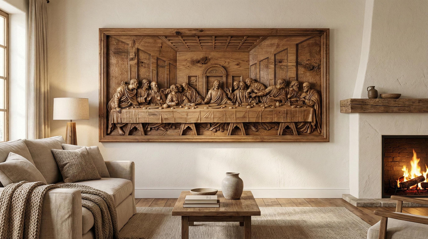 Highly detailed bas-relief depiction of the Last Supper featuring Jesus Christ seated at the center with the twelve apostles gathered around a long dining table inside a classical interior setting. The scene shows expressive gestures, flowing robes, textured walls, and architectural depth. Designed as a framed rectangular relief panel suitable for CNC carving, 3D printing, and church or home devotional wall décor.