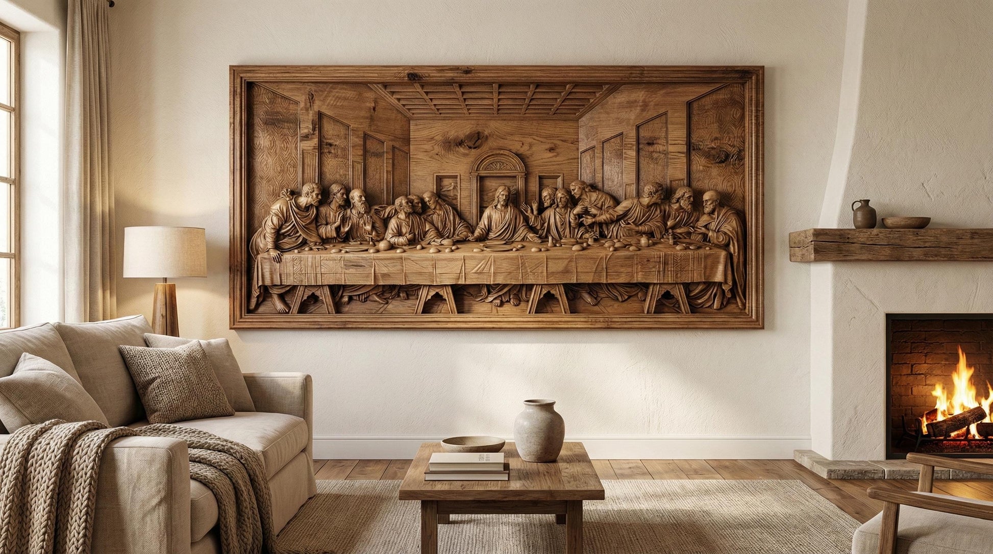 Highly detailed bas-relief depiction of the Last Supper featuring Jesus Christ seated at the center with the twelve apostles gathered around a long dining table inside a classical interior setting. The scene shows expressive gestures, flowing robes, textured walls, and architectural depth. Designed as a framed rectangular relief panel suitable for CNC carving, 3D printing, and church or home devotional wall décor.