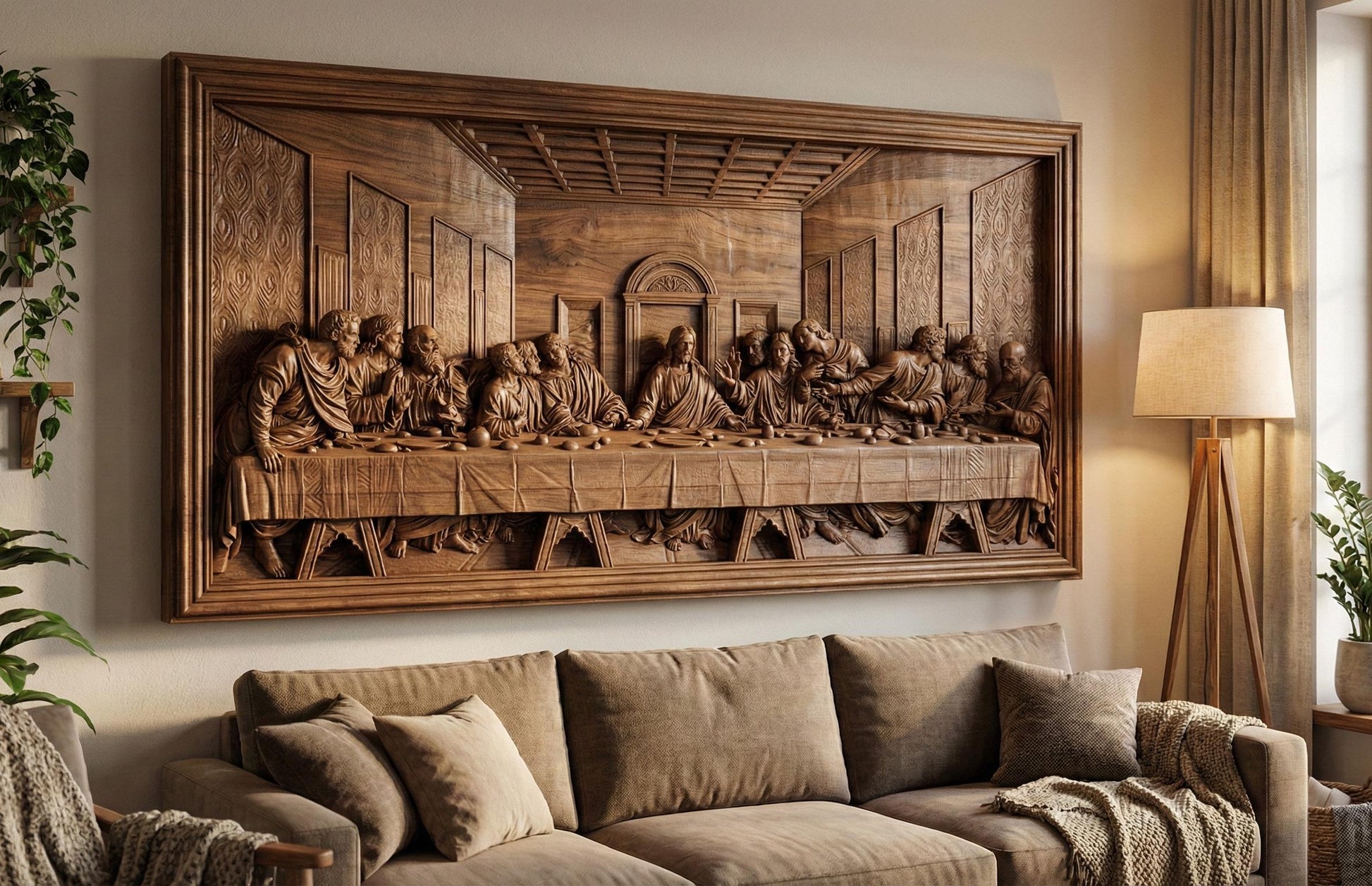 Highly detailed bas-relief depiction of the Last Supper featuring Jesus Christ seated at the center with the twelve apostles gathered around a long dining table inside a classical interior setting. The scene shows expressive gestures, flowing robes, textured walls, and architectural depth. Designed as a framed rectangular relief panel suitable for CNC carving, 3D printing, and church or home devotional wall décor.