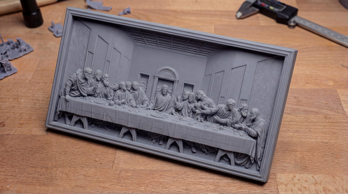Highly detailed bas-relief depiction of the Last Supper featuring Jesus Christ seated at the center with the twelve apostles gathered around a long dining table inside a classical interior setting. The scene shows expressive gestures, flowing robes, textured walls, and architectural depth. Designed as a framed rectangular relief panel suitable for CNC carving, 3D printing, and church or home devotional wall décor.