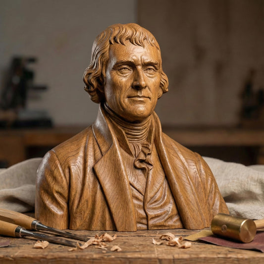 Highly detailed bas relief portrait of Thomas Jefferson carved in wood, framed in a classic square panel. The sculpture features refined facial contours, colonial-era clothing with cravat and coat, and natural wood grain texture enhancing depth and realism. Designed as a patriotic historical wall art piece ideal for CNC carving, 3D printing, and decorative relief projects.