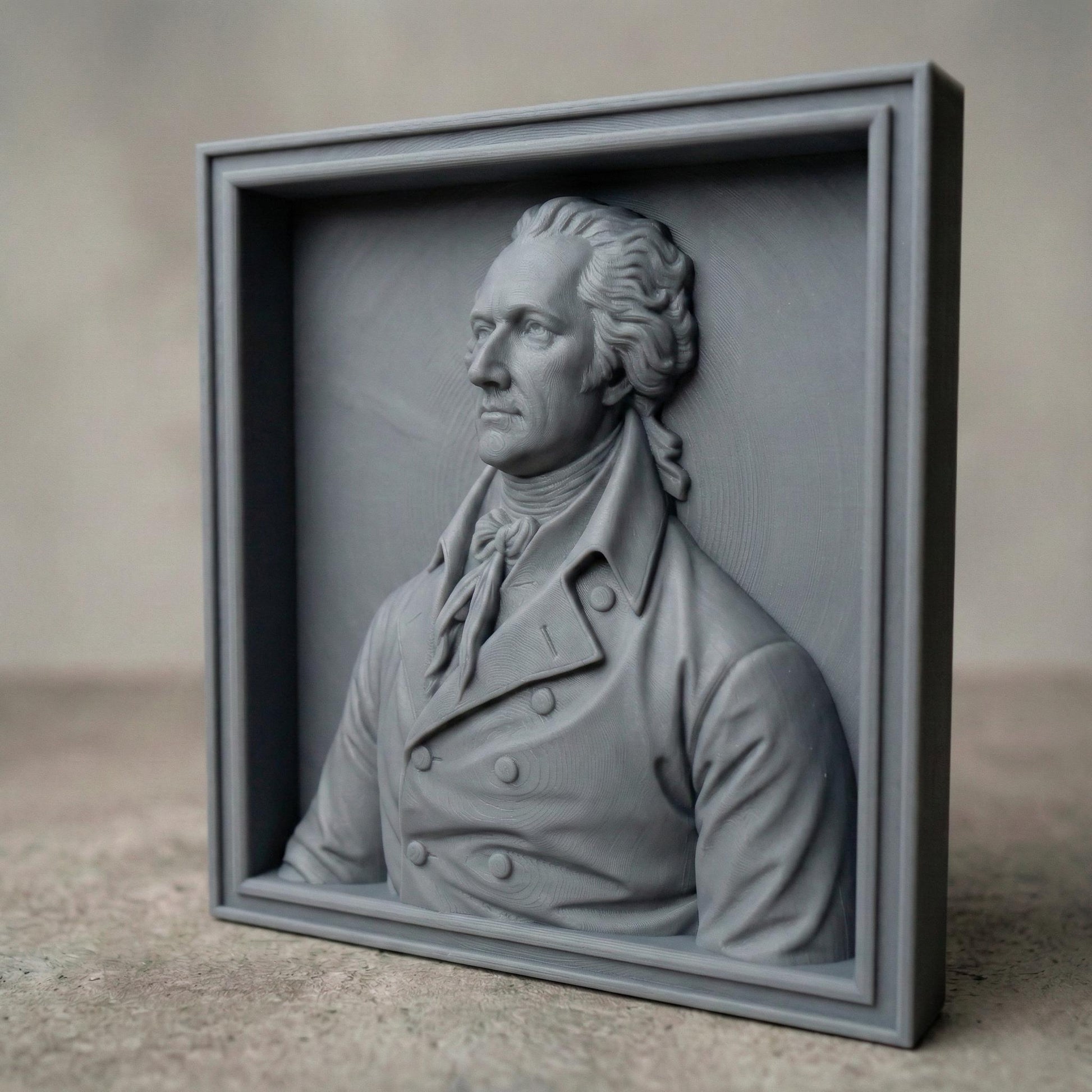 Highly detailed 3D bas-relief portrait of Alexander Hamilton carved in rich wood texture, featuring an 18th-century formal coat with double-breasted buttons and cravat. The bust is framed in a classic wooden border, emphasizing depth, realism, and historical elegance. The sculpture captures a dignified expression and refined facial features, ideal for patriotic home decor, office wall art, or historical display projects.