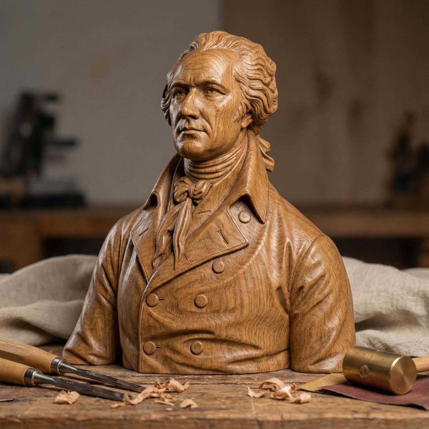 Highly detailed 3D bas-relief portrait of Alexander Hamilton carved in rich wood texture, featuring an 18th-century formal coat with double-breasted buttons and cravat. The bust is framed in a classic wooden border, emphasizing depth, realism, and historical elegance. The sculpture captures a dignified expression and refined facial features, ideal for patriotic home decor, office wall art, or historical display projects.