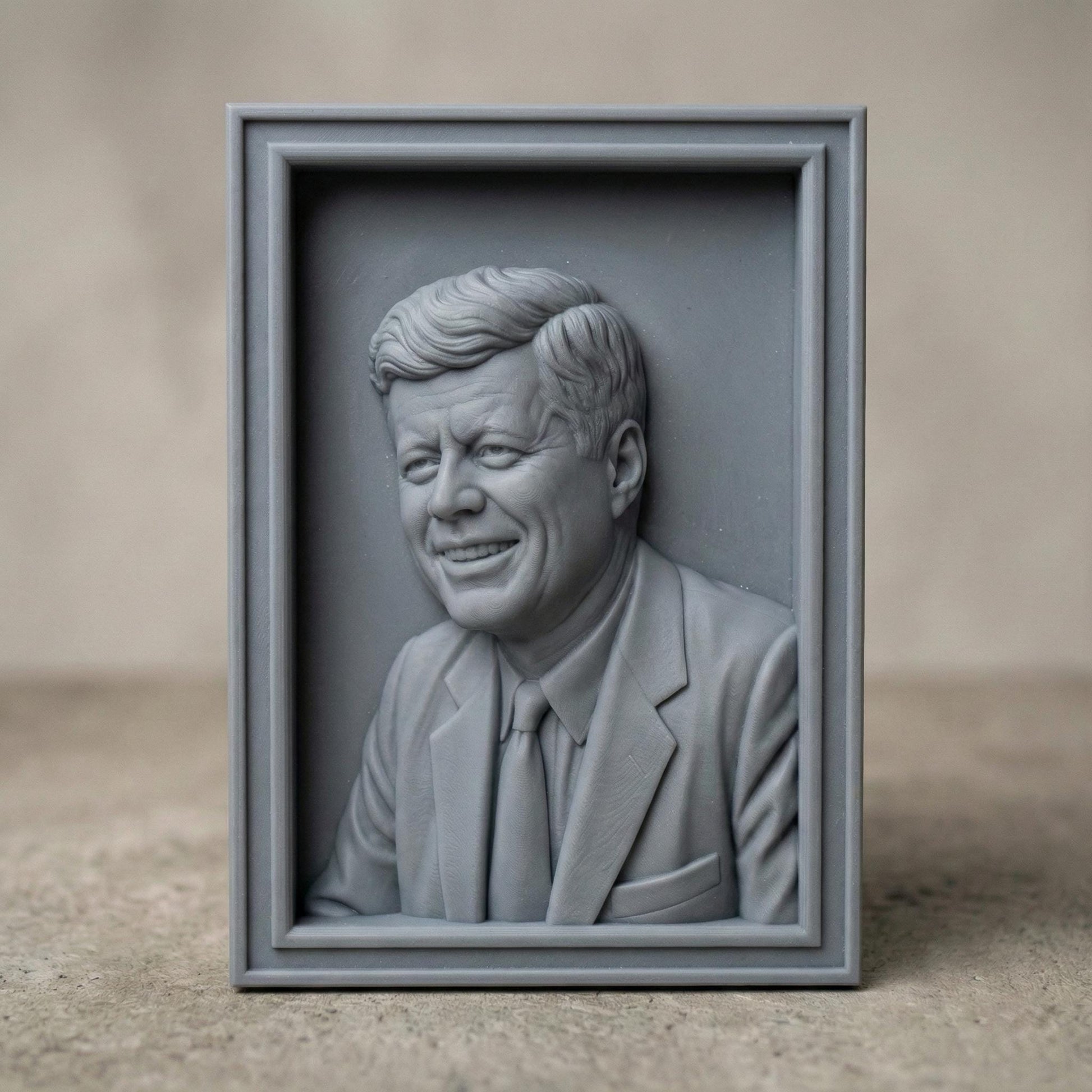 Detailed bas-relief portrait of a smiling mid-century president in a suit and tie, carved in rich wood texture with flowing hair strands, expressive eyes, and realistic facial contours. Displayed as both a freestanding bust on a workbench with carving tools and as a framed wall relief panel, evoking patriotism, leadership, and historic American legacy in a classic handcrafted style.