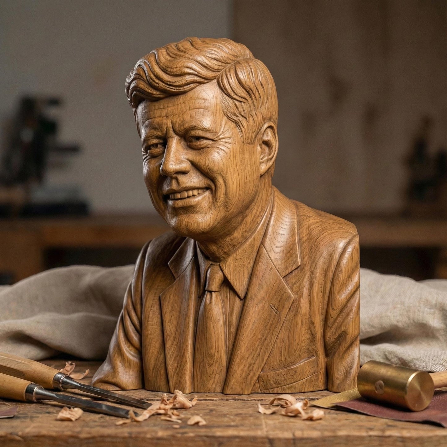 Detailed bas-relief portrait of a smiling mid-century president in a suit and tie, carved in rich wood texture with flowing hair strands, expressive eyes, and realistic facial contours. Displayed as both a freestanding bust on a workbench with carving tools and as a framed wall relief panel, evoking patriotism, leadership, and historic American legacy in a classic handcrafted style.
