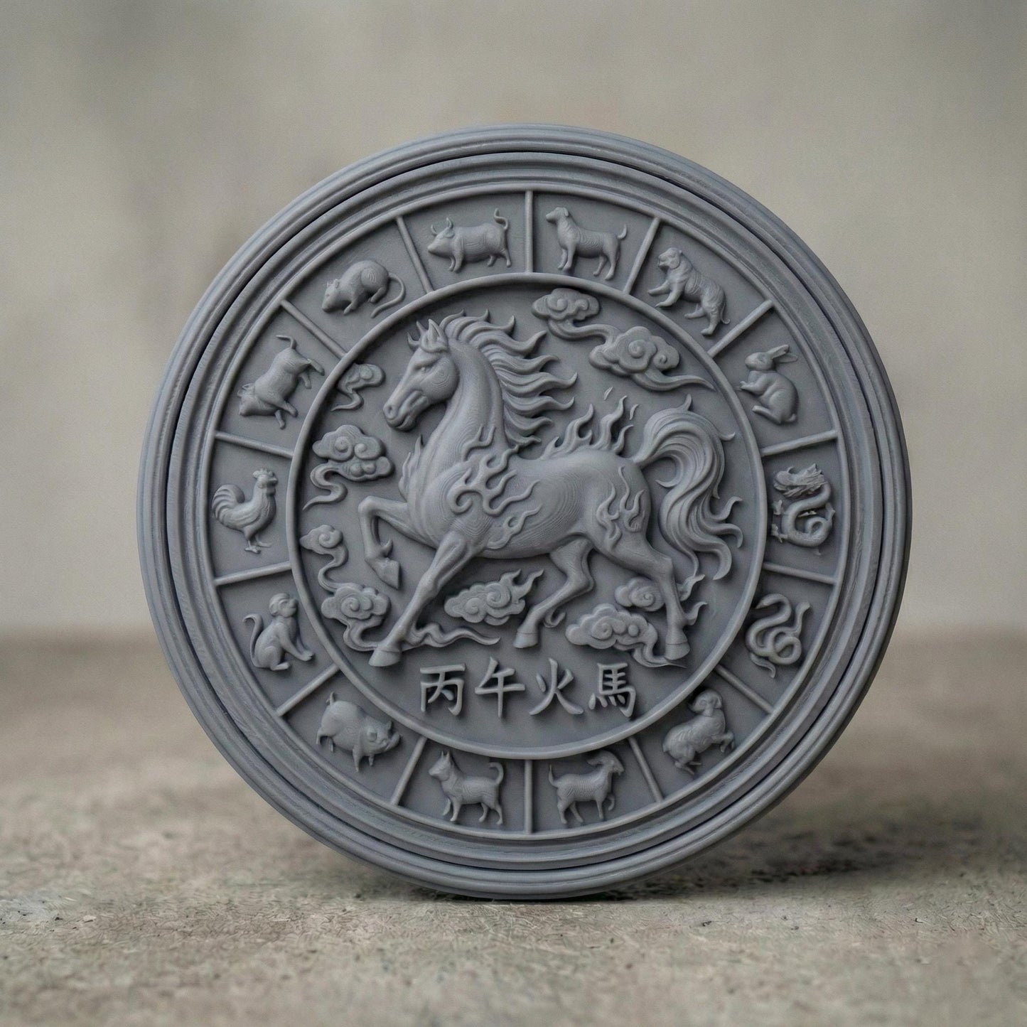 Circular wooden bas-relief wall art depicting the Chinese Zodiac Year of the Fire Horse. A powerful galloping horse is carved in deep relief at the center, surrounded by all twelve zodiac animals in a traditional circular layout. Flowing cloud motifs and flame details symbolize the fire element, with Chinese characters engraved below. Rendered in rich carved wood texture with smooth depth transitions, suitable for CNC carving, wood engraving, and premium wall décor.
