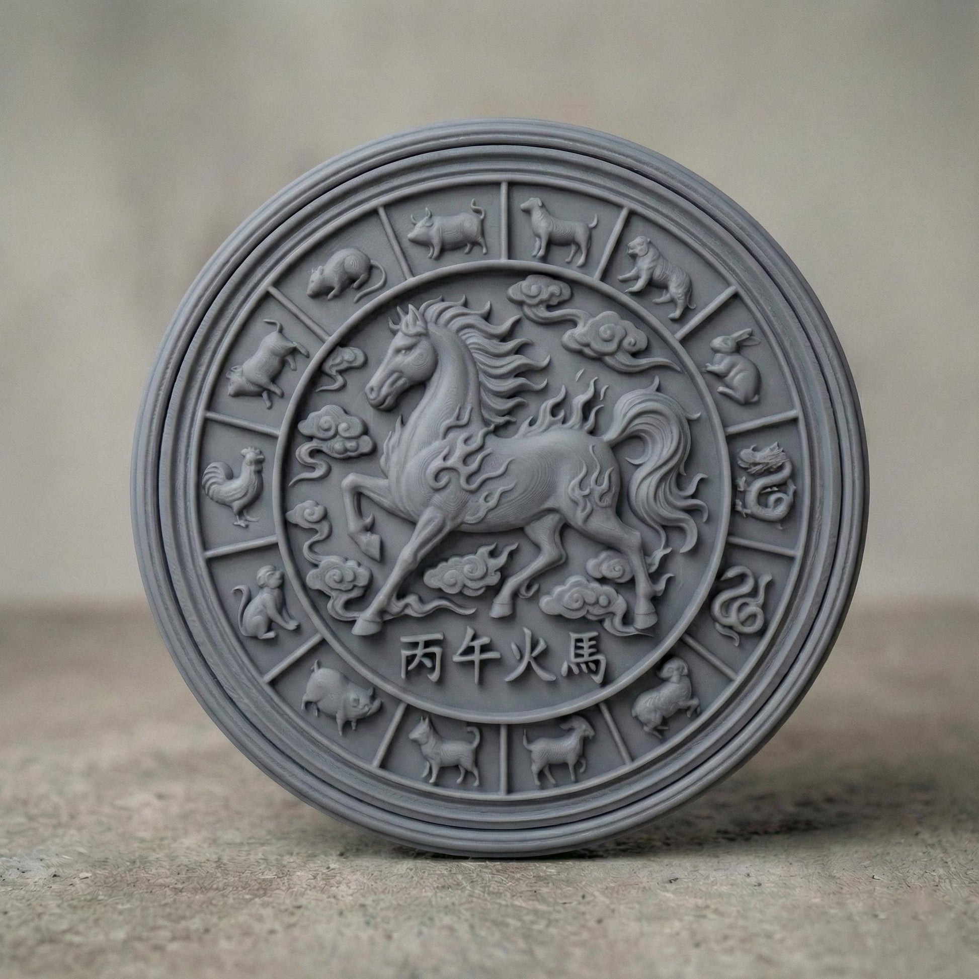 Circular wooden bas-relief wall art depicting the Chinese Zodiac Year of the Fire Horse. A powerful galloping horse is carved in deep relief at the center, surrounded by all twelve zodiac animals in a traditional circular layout. Flowing cloud motifs and flame details symbolize the fire element, with Chinese characters engraved below. Rendered in rich carved wood texture with smooth depth transitions, suitable for CNC carving, wood engraving, and premium wall décor.