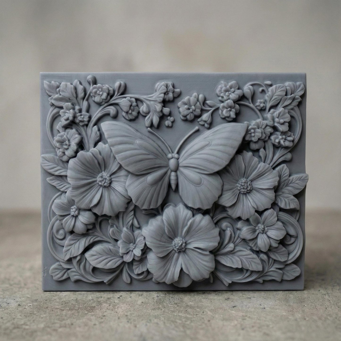 A highly detailed 3D bas-relief of a butterfly surrounded by blooming flowers and elegant leaves. The composition is designed in a natural, ornate style with intricate textures, making it ideal for wood carving, CNC machining, or laser engraving. The artwork emphasizes symmetry, nature, and craftsmanship, suitable as wall decor or digital carving art.
