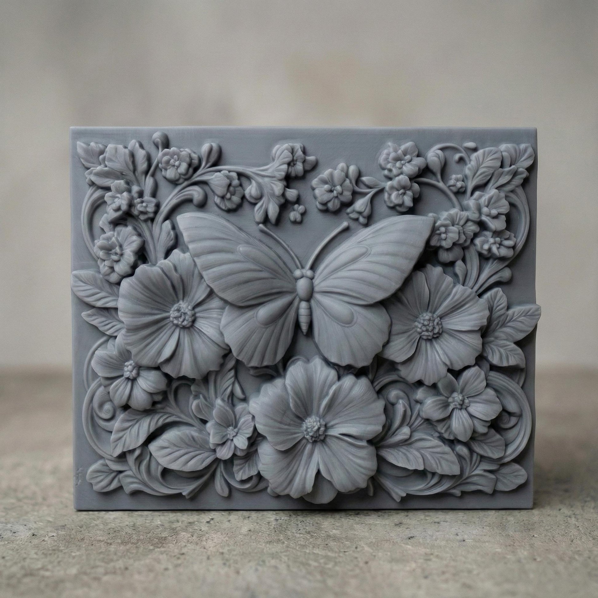 A highly detailed 3D bas-relief of a butterfly surrounded by blooming flowers and elegant leaves. The composition is designed in a natural, ornate style with intricate textures, making it ideal for wood carving, CNC machining, or laser engraving. The artwork emphasizes symmetry, nature, and craftsmanship, suitable as wall decor or digital carving art.