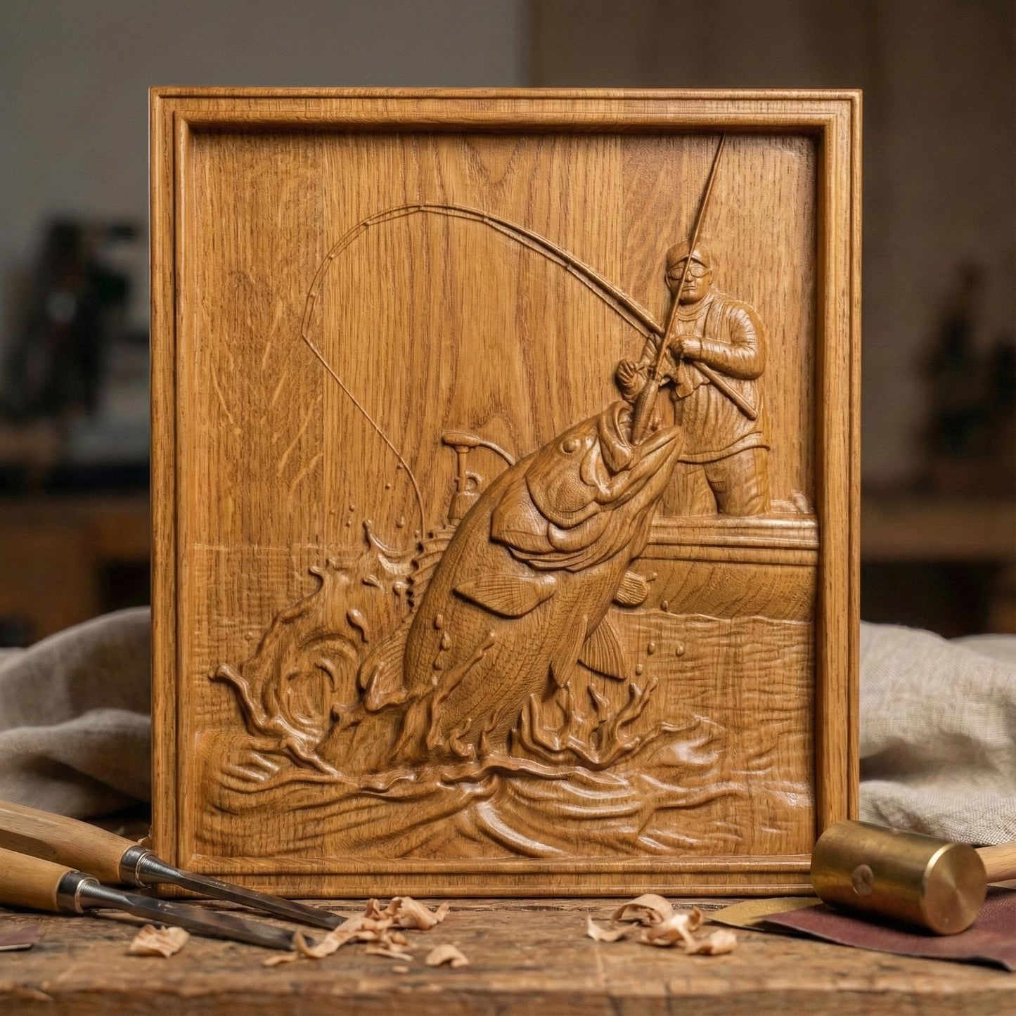 High-detail bas-relief carving of a fisherman standing in a boat, reeling in a massive jumping bass as water splashes dramatically around it. The scene features a bent fishing rod, textured fish scales, rippling waves, and dynamic motion captured in layered depth. Shown as both a rich wood-style carved panel and a smooth gray 3D print relief, framed as a striking rustic fishing lodge wall décor piece.