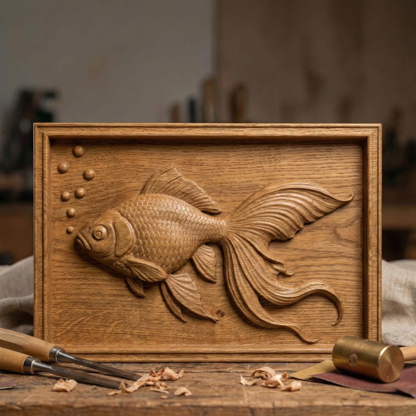 Elegant bas-relief carving of a flowing goldfish with detailed scales, large expressive eye, and long, graceful fins drifting through water bubbles. The design is shown as a framed wooden wall panel, a carved wood plaque on a workbench with chisels, and a standalone 3D sculpted fish model. The composition highlights fluid movement, layered depth, and ornamental aquatic beauty ideal for serene home décor.